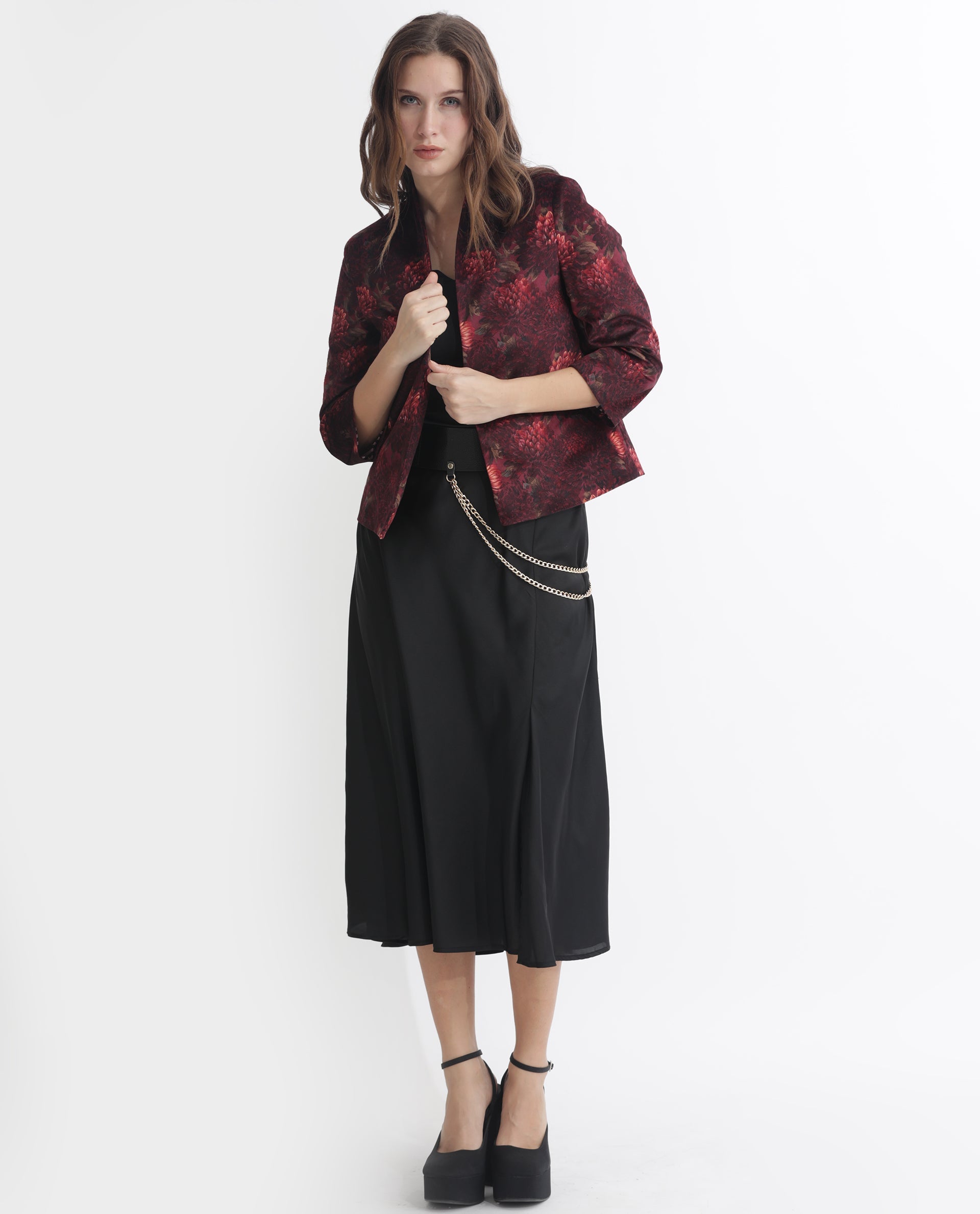 Rareism Women Arizu Maroon Velvet Fabric 3/4Th Sleeves Regular Fit Floral Print Shrug