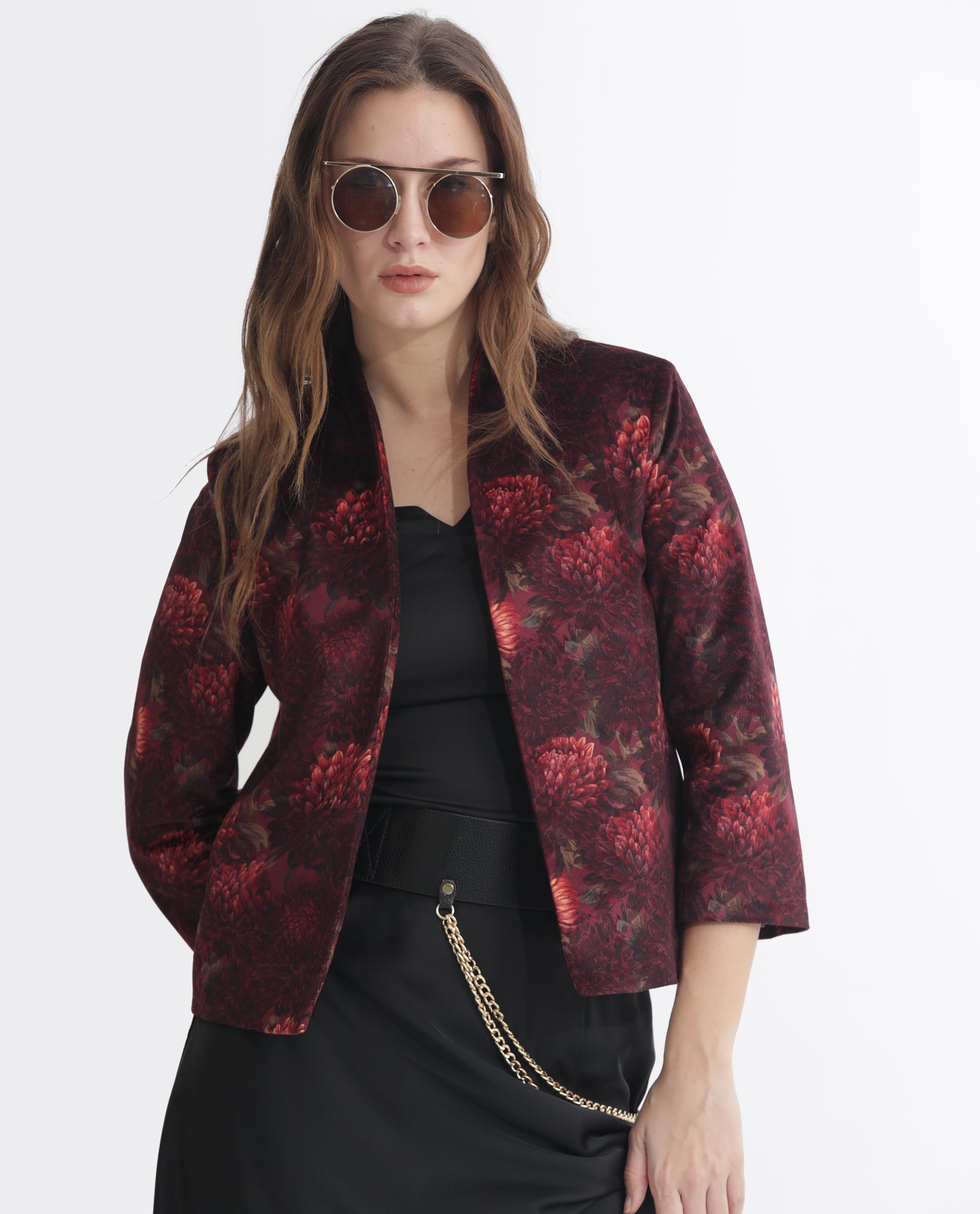 Rareism Women Arizu Maroon Velvet Fabric 3/4Th Sleeves Regular Fit Floral Print Shrug