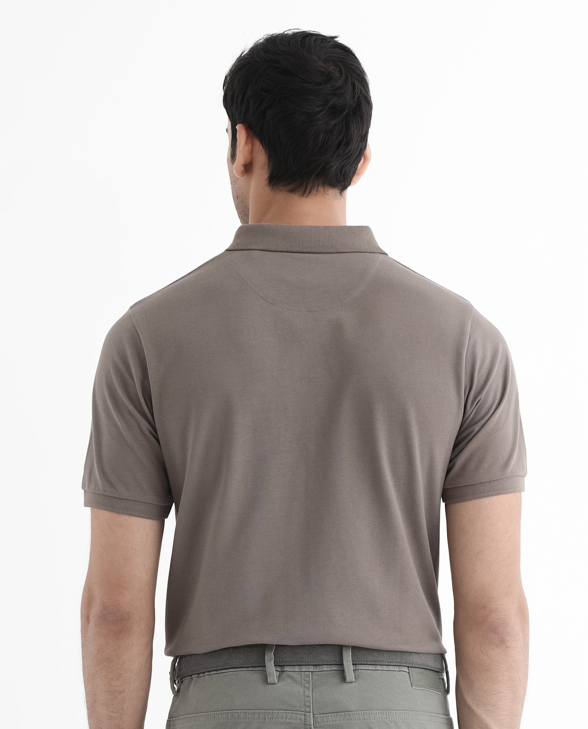 Rare Rabbit Men's Ark Dark Beige Cotton Fabric Short Sleeve Button Closure Regular Fit Plain Polo T-Shirt