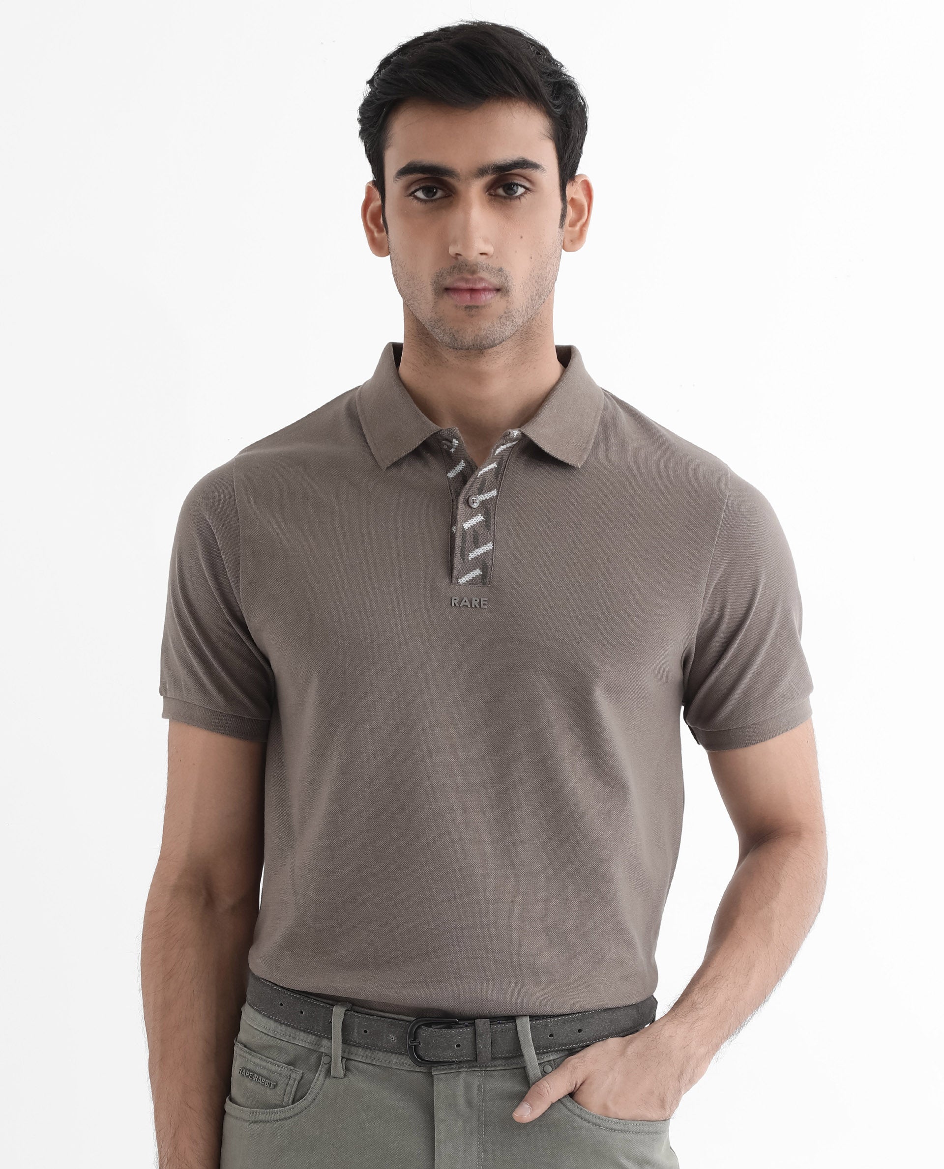 Rare Rabbit Men's Ark Dark Beige Cotton Fabric Short Sleeve Button Closure Regular Fit Plain Polo T-Shirt