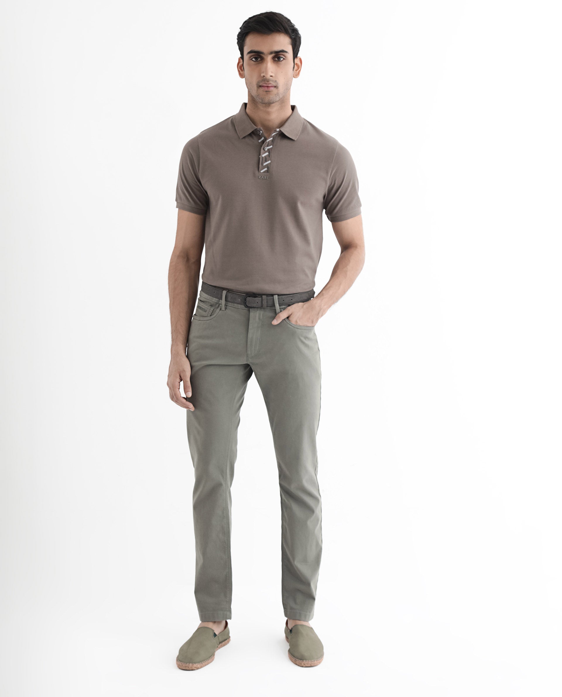 Rare Rabbit Men's Ark Dark Beige Cotton Fabric Short Sleeve Button Closure Regular Fit Plain Polo T-Shirt