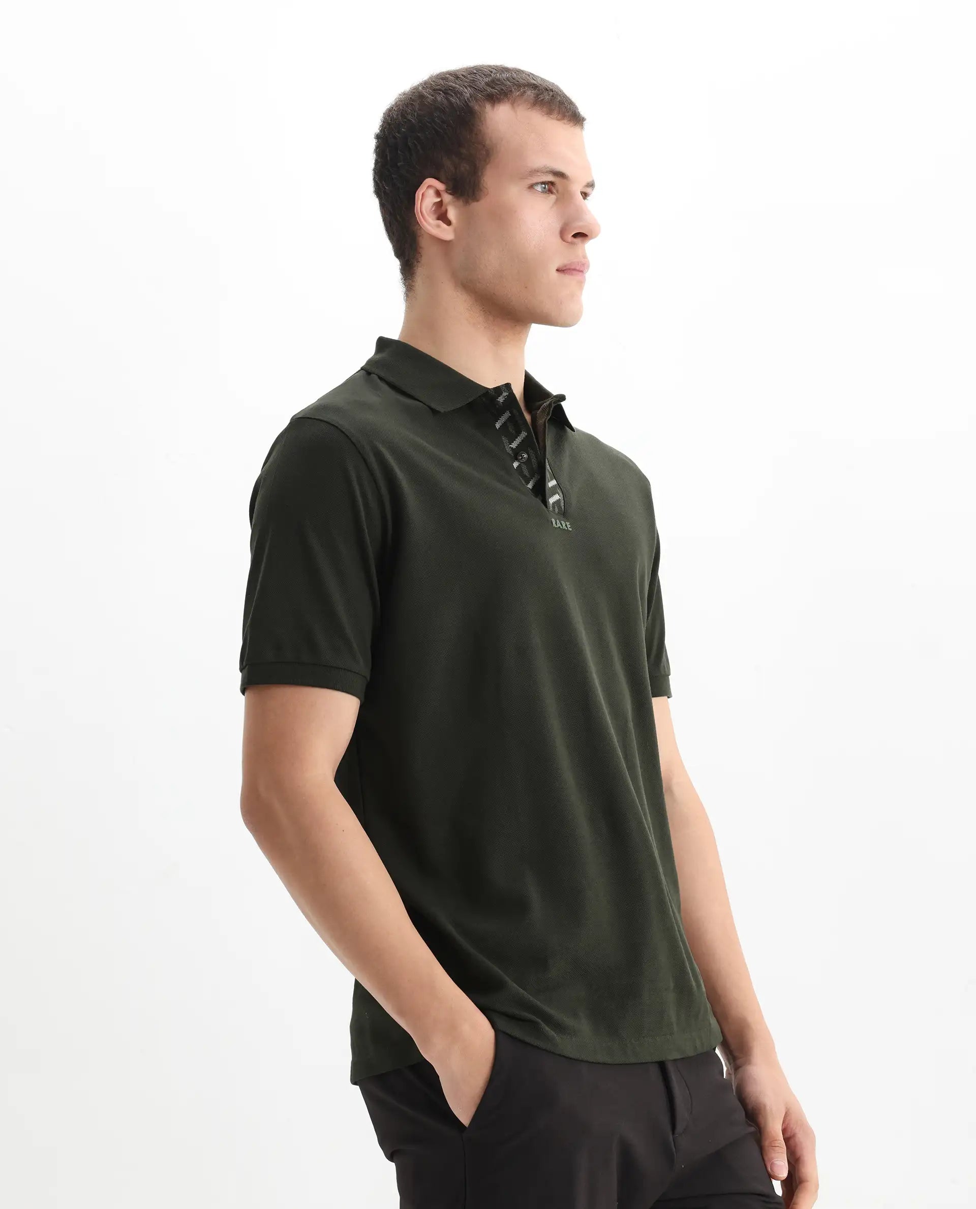 Rare Rabbit Men's Ark Dark Olive Cotton Plain Regular Fit Half Sleeve Polo