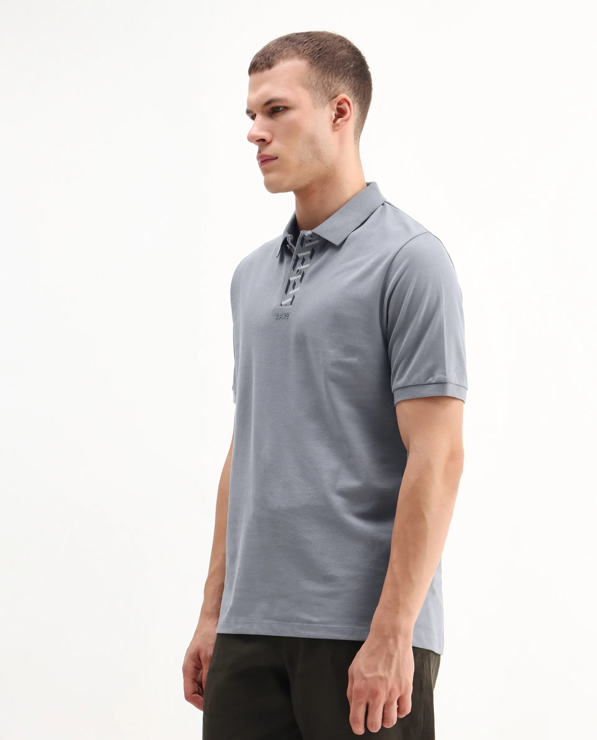 Rare Rabbit Men's Ark Grey Cotton Plain Regular Fit Half Sleeve Polo