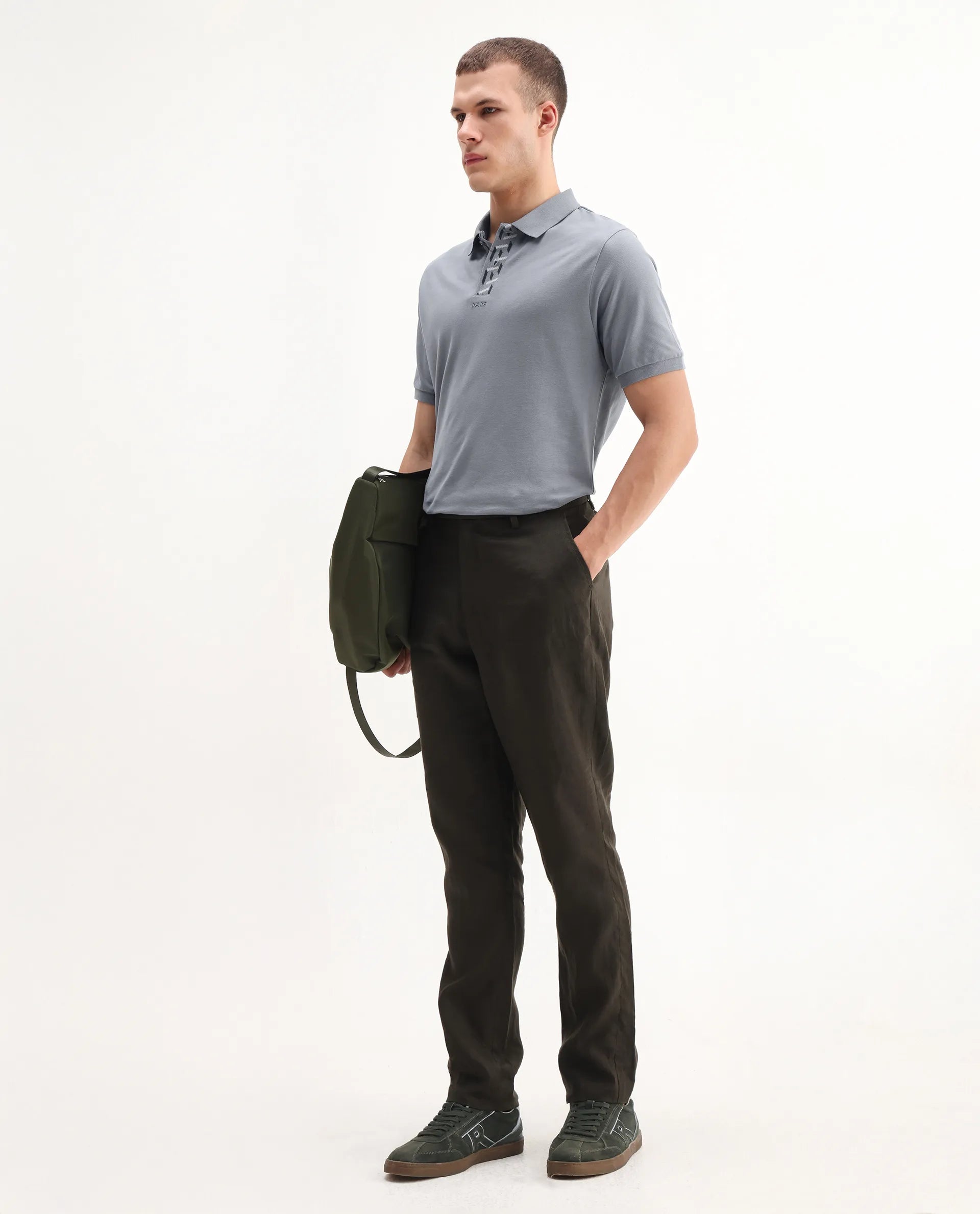 Rare Rabbit Men's Ark Grey Cotton Plain Regular Fit Half Sleeve Polo