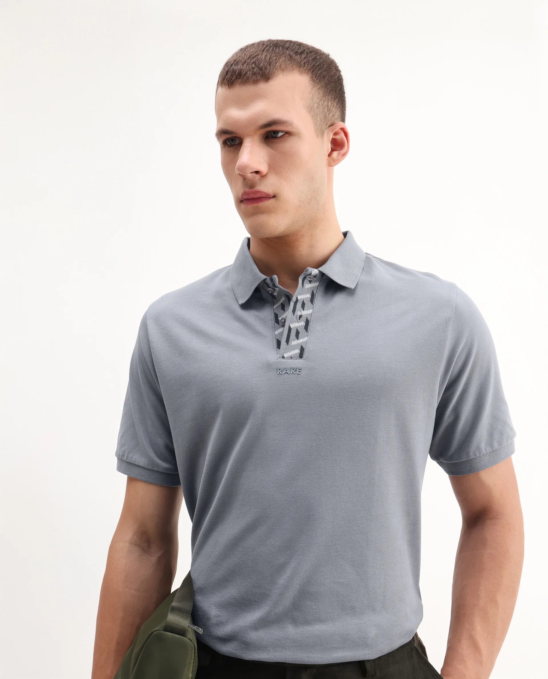Rare Rabbit Men's Ark Grey Cotton Plain Regular Fit Half Sleeve Polo