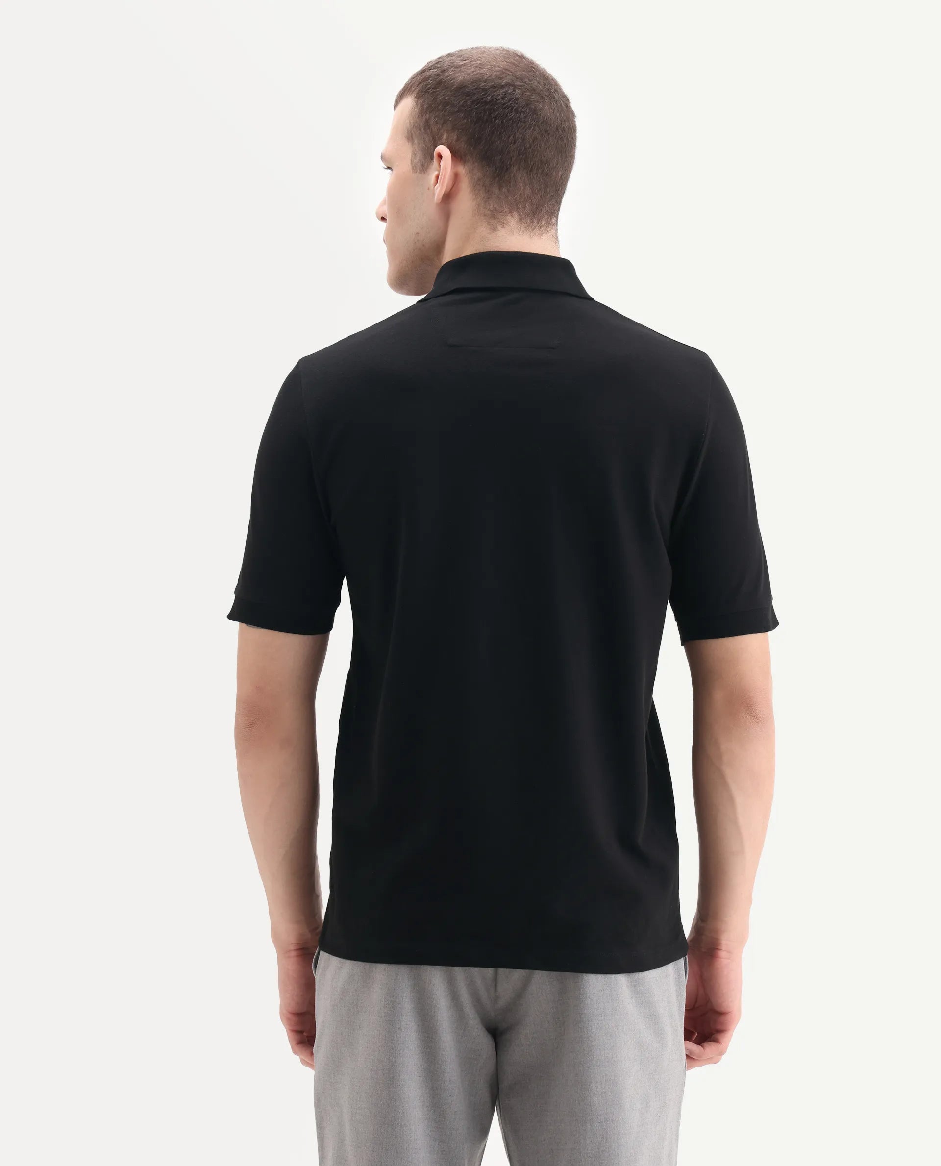 Rare Rabbit Men's Arko Black Cotton Plain Regular Fit Half Sleeve Polo