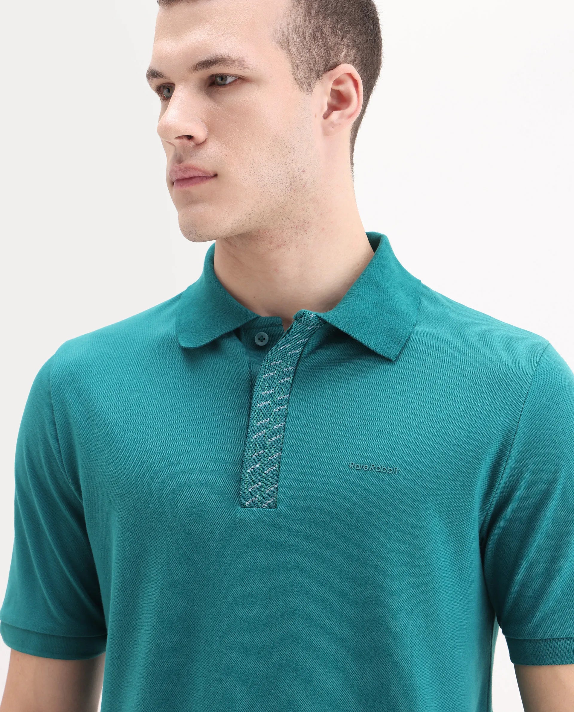 Rare Rabbit Men's Arko Green Cotton Plain Regular Fit Half Sleeve Polo