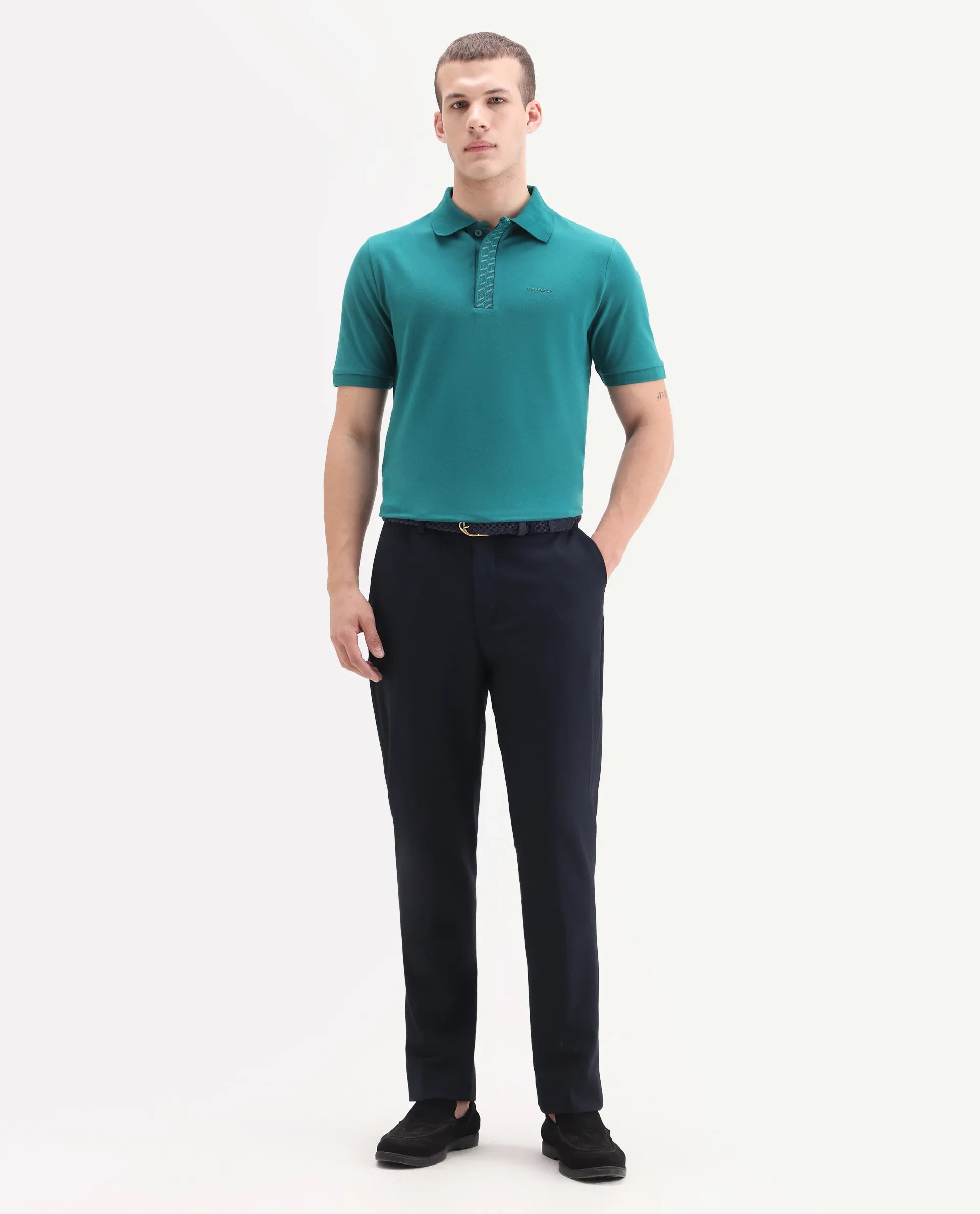 Rare Rabbit Men's Arko Green Cotton Plain Regular Fit Half Sleeve Polo