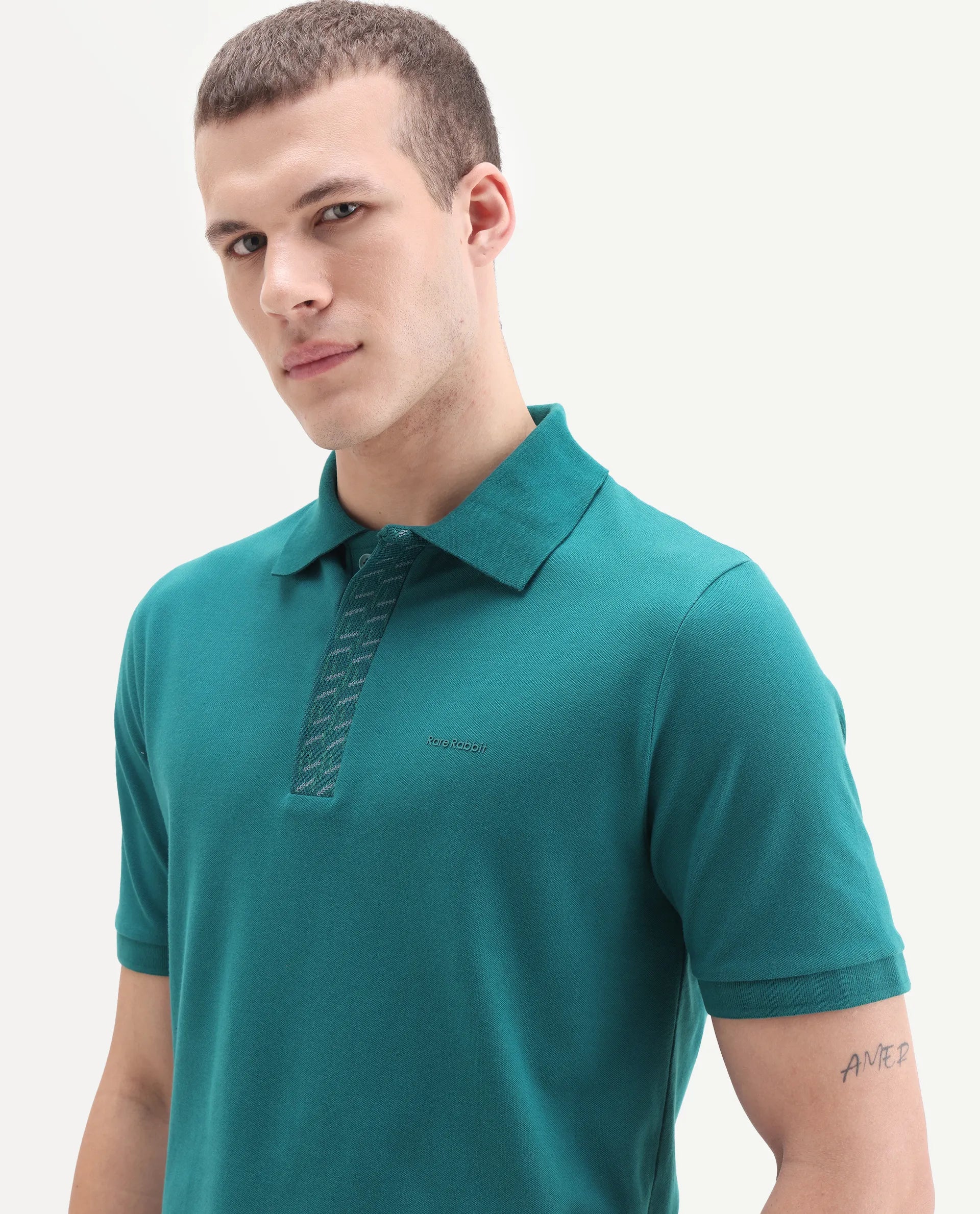 Rare Rabbit Men's Arko Green Cotton Plain Regular Fit Half Sleeve Polo