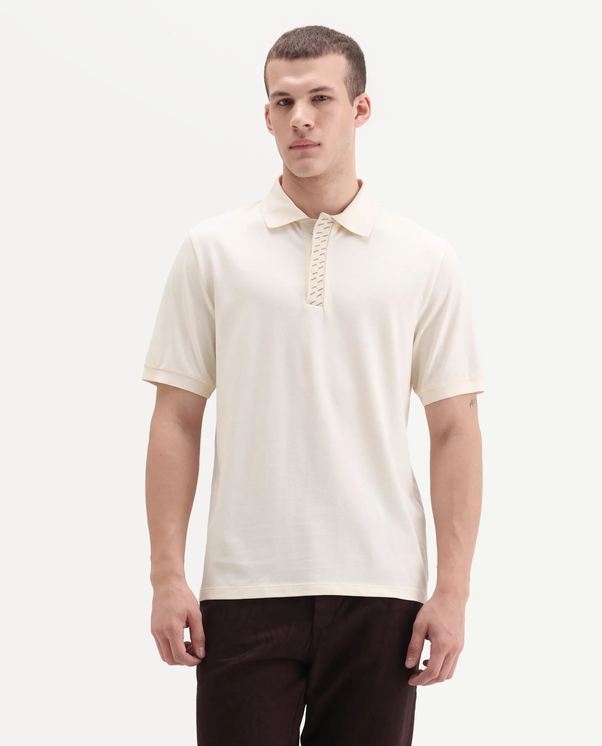 Rare Rabbit Men's Arko Off White Cotton Plain Regular Fit Half Sleeve Polo