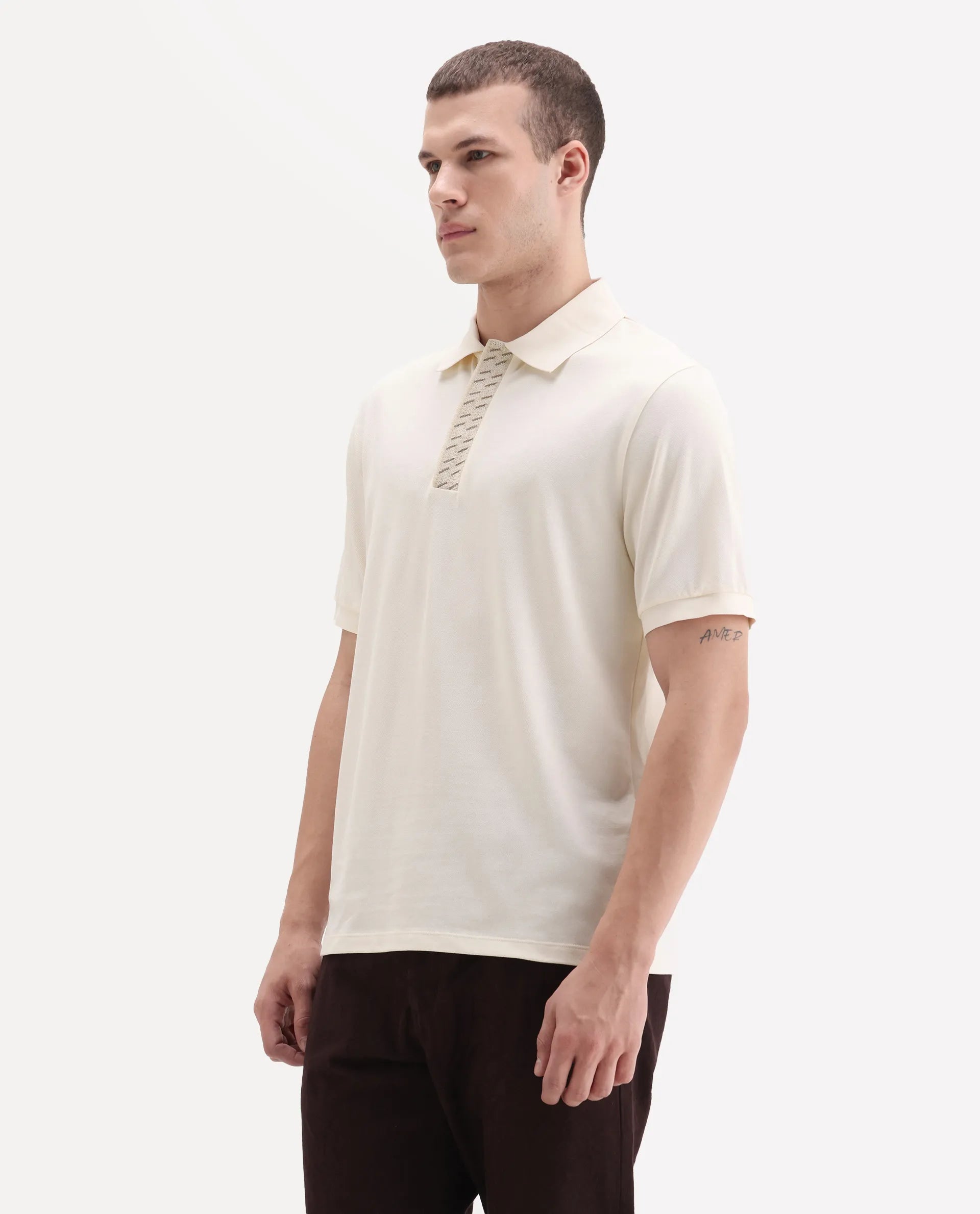 Rare Rabbit Men's Arko Off White Cotton Plain Regular Fit Half Sleeve Polo