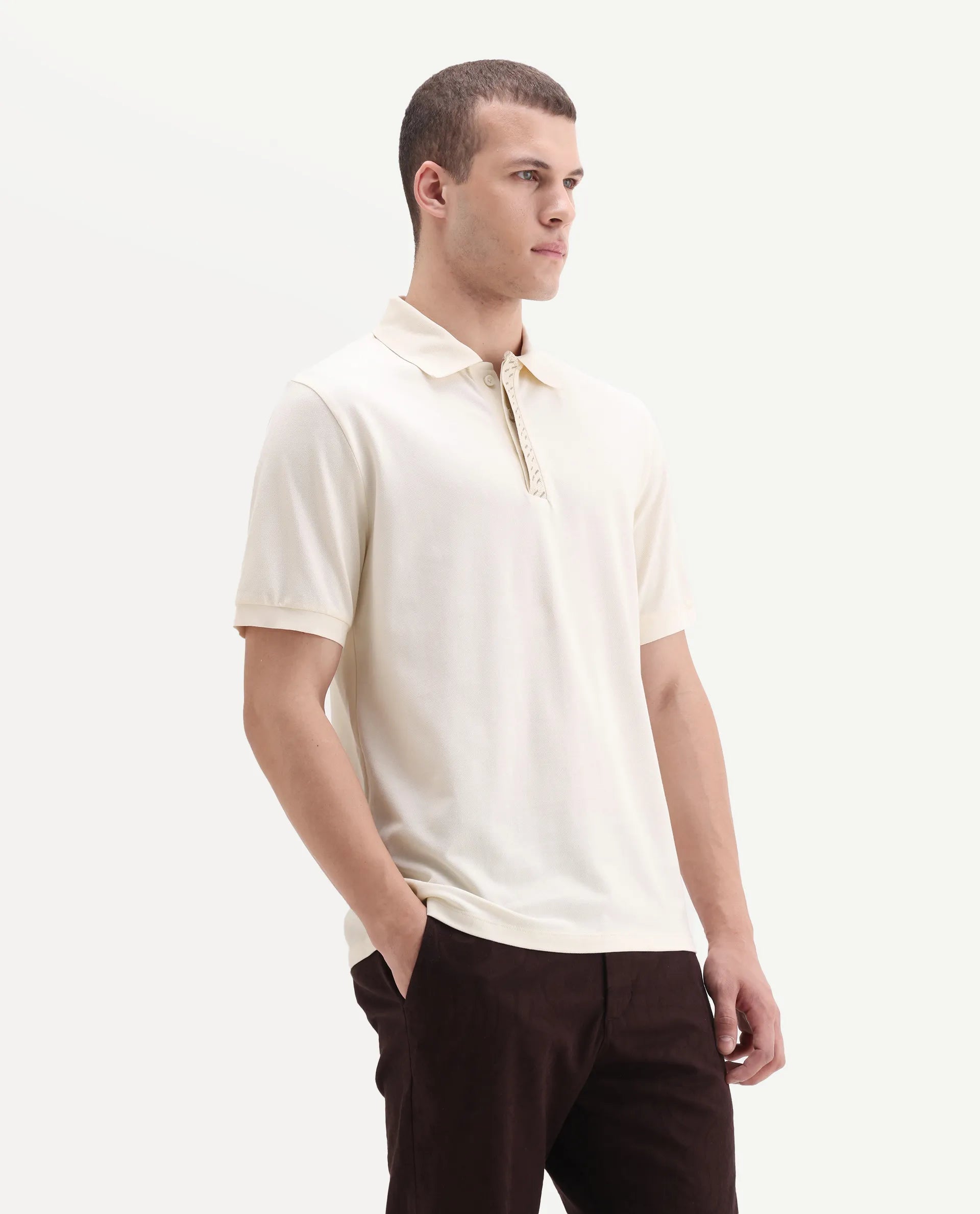 Rare Rabbit Men's Arko Off White Cotton Plain Regular Fit Half Sleeve Polo
