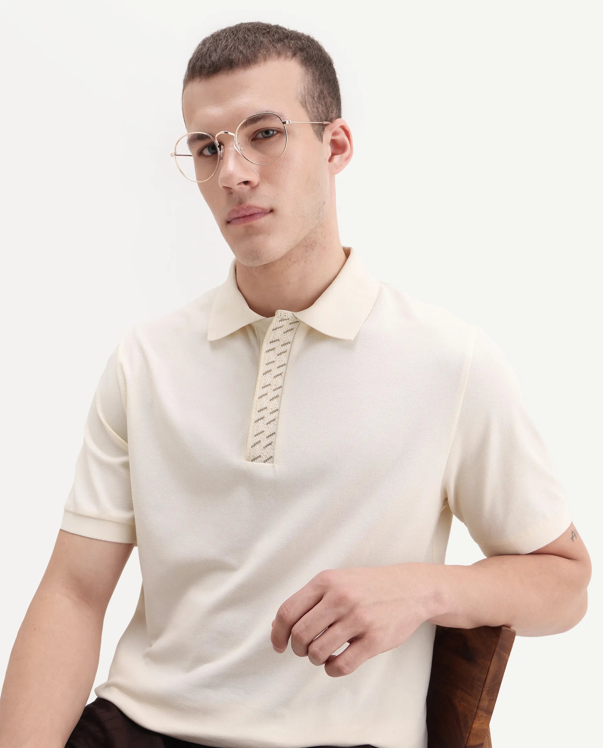 Rare Rabbit Men's Arko Off White Cotton Plain Regular Fit Half Sleeve Polo