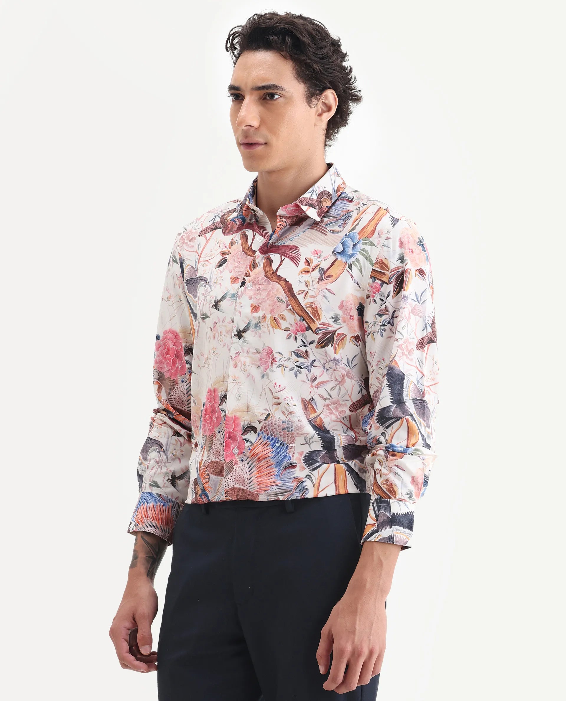 Rare Rabbit Men's Arko Pink Viscose Fabric Collared Neck Regular Abstract Print Shirt