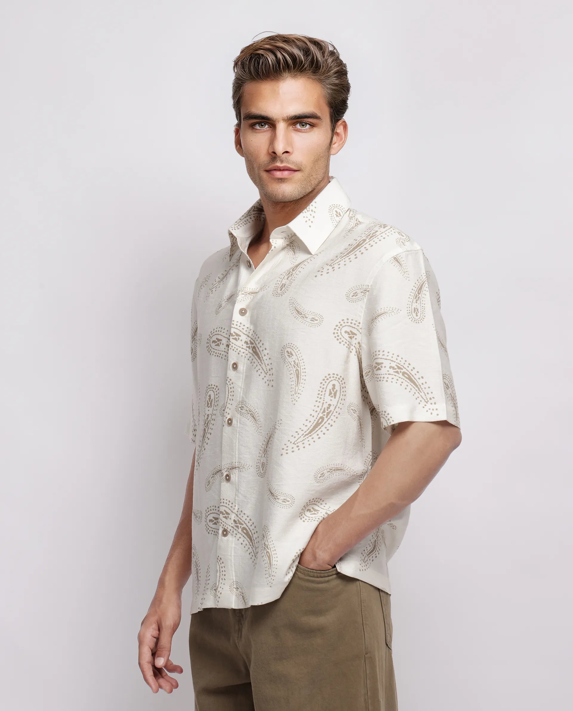 Rare Rabbit Men's Arkora Off White Cotton Paisley Print Regular Fit Half Sleeve Collared Shirt