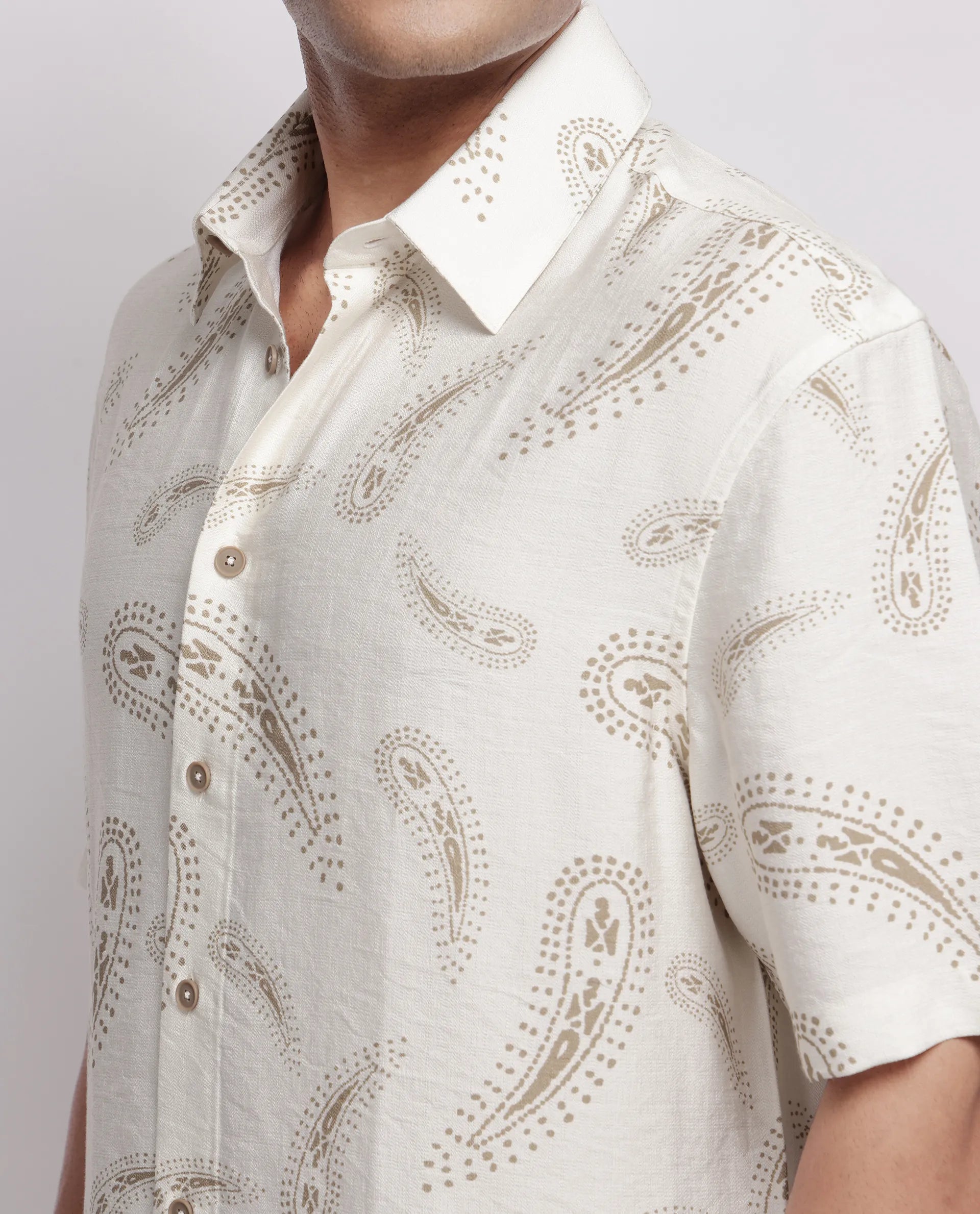 Rare Rabbit Men's Arkora Off White Cotton Paisley Print Regular Fit Half Sleeve Collared Shirt