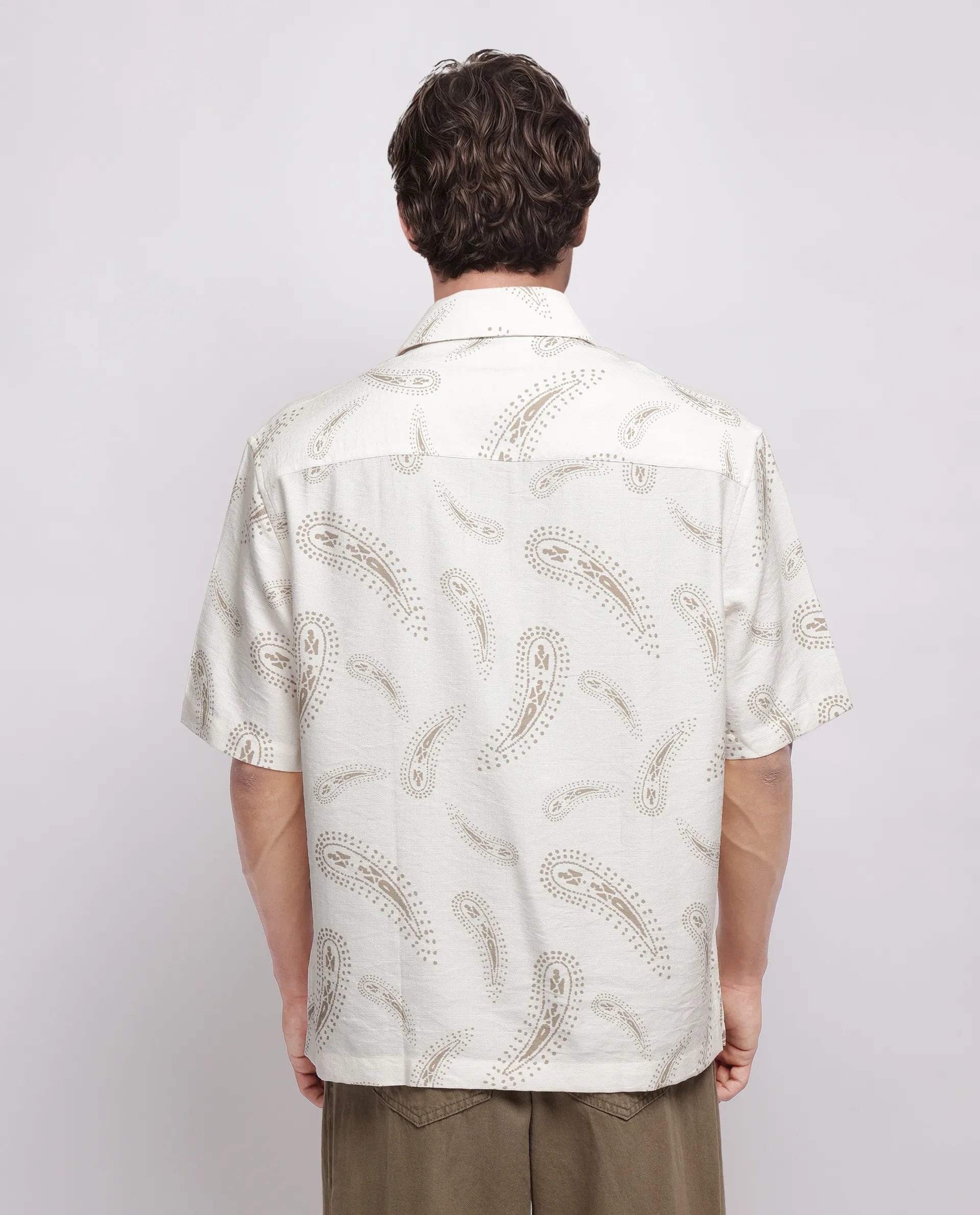 Rare Rabbit Men's Arkora Off White Cotton Paisley Print Regular Fit Half Sleeve Collared Shirt