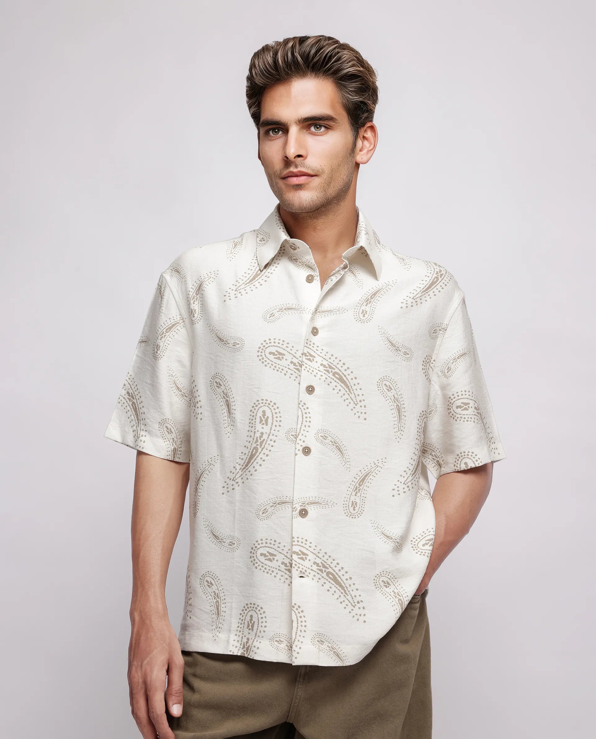 Rare Rabbit Men's Arkora Off White Cotton Paisley Print Regular Fit Half Sleeve Collared Shirt