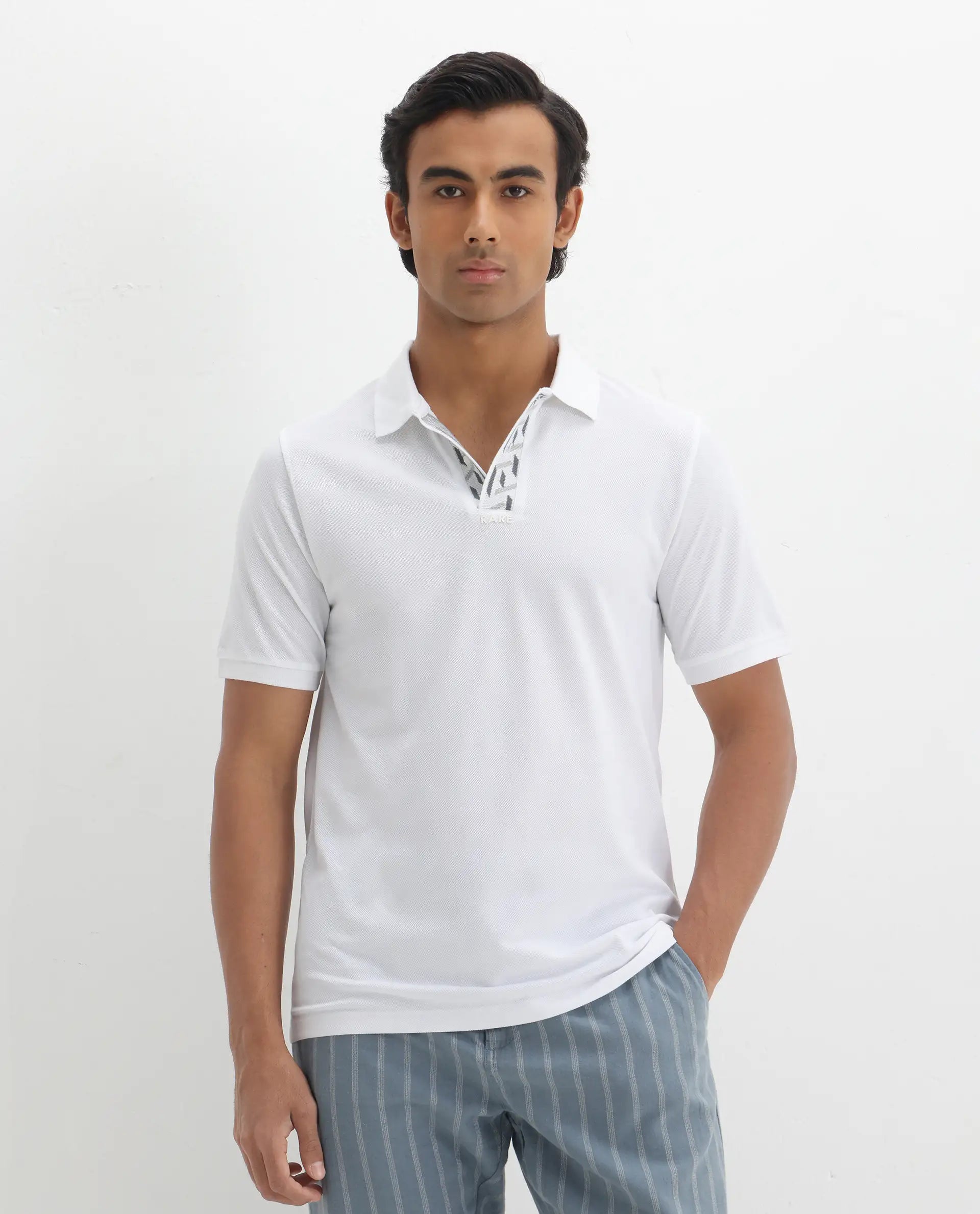 Rare Rabbit Men's Ark White Cotton Plain Regular Fit Half Sleeve Polo