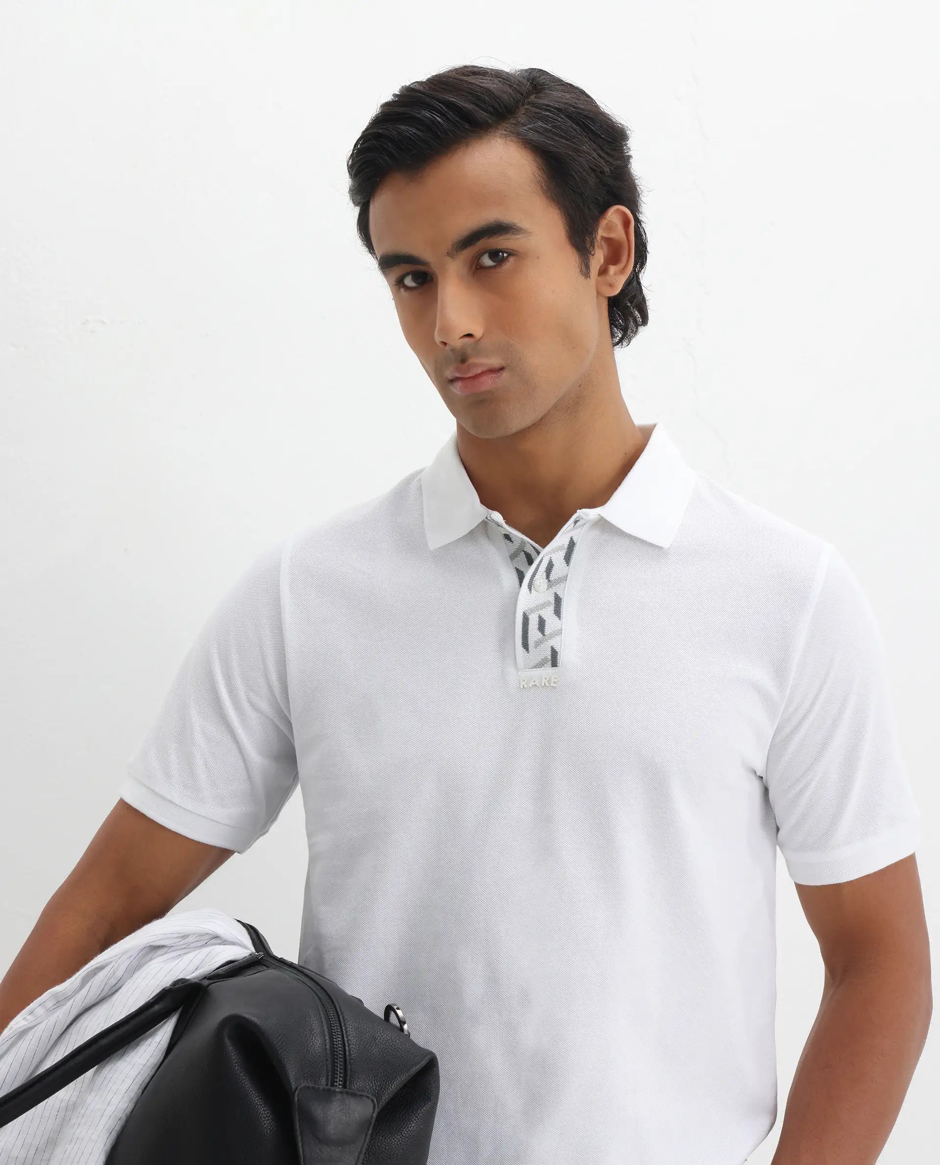 Rare Rabbit Men's Ark White Cotton Plain Regular Fit Half Sleeve Polo