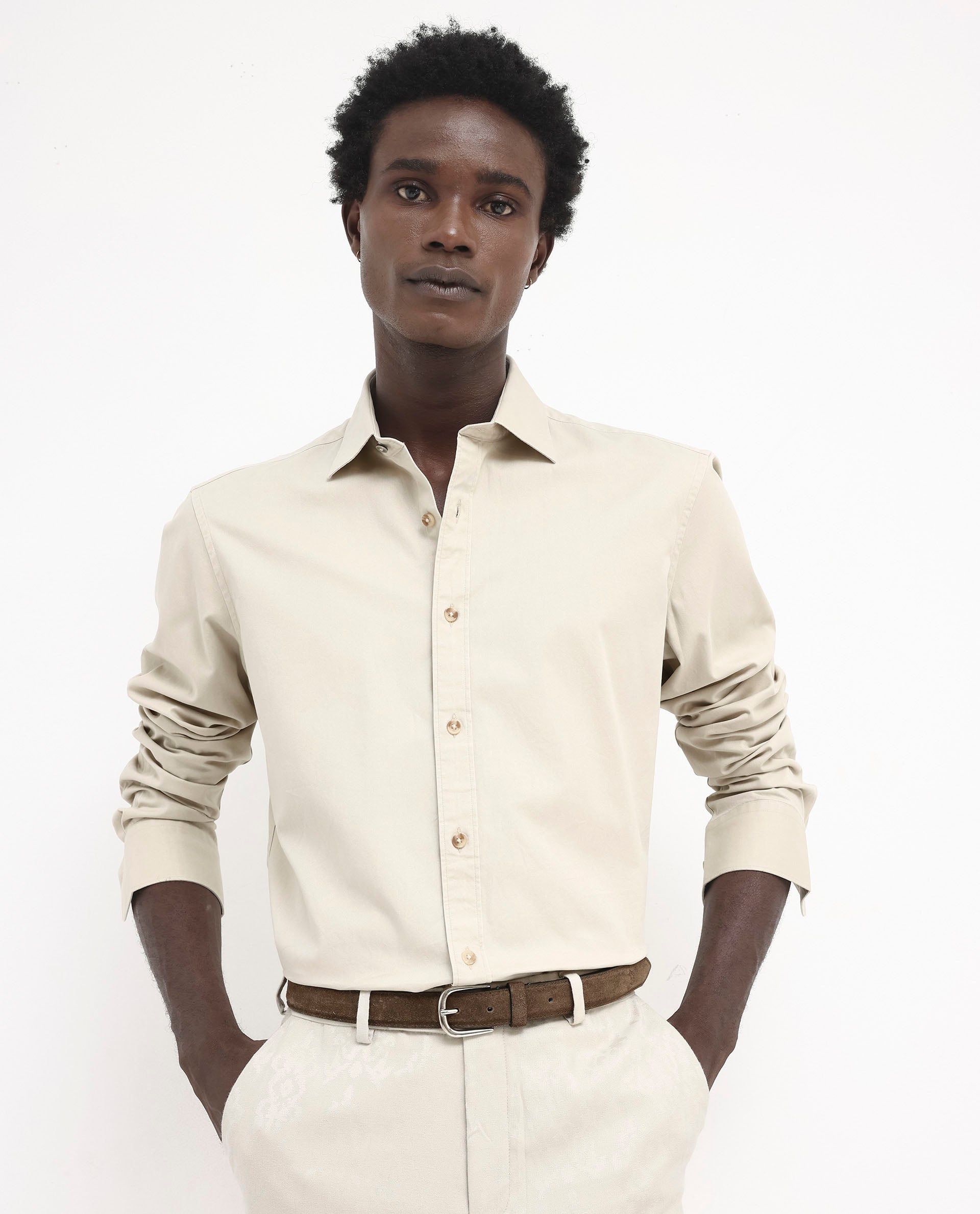 Rare Rabbit Men's Arlet Beige Cotton Fabric Full Sleeve Regular Fit Solid Shirt