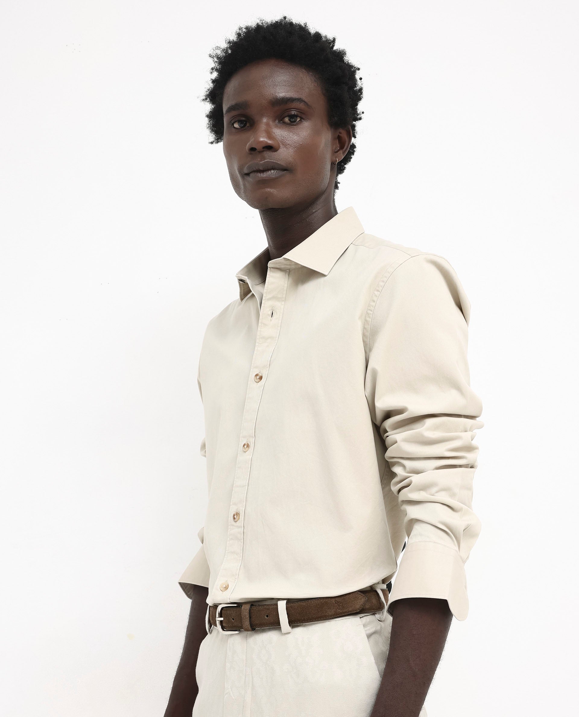 Rare Rabbit Men's Arlet Beige Cotton Fabric Full Sleeve Regular Fit Solid Shirt