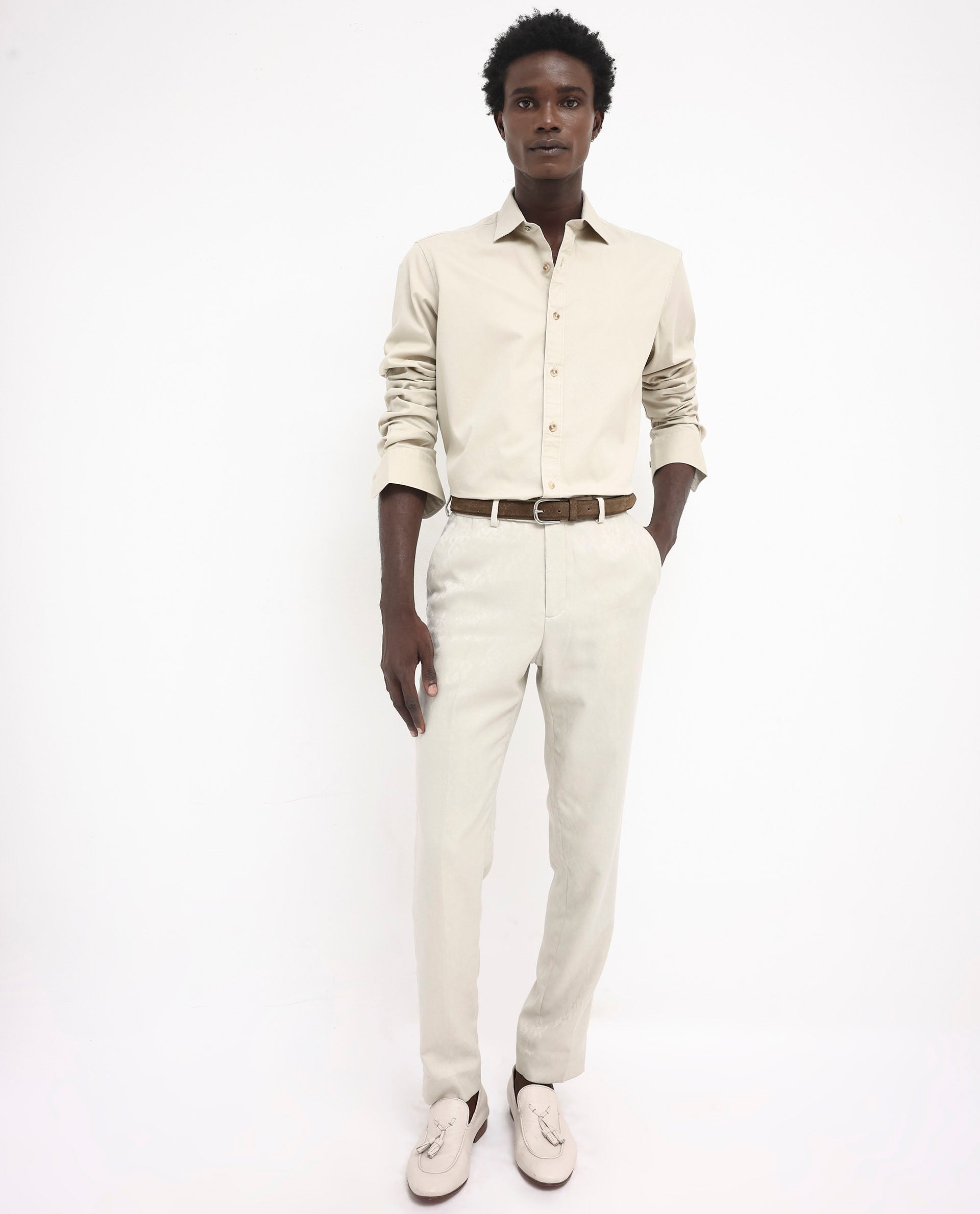 Rare Rabbit Men's Arlet Beige Cotton Fabric Full Sleeve Regular Fit Solid Shirt