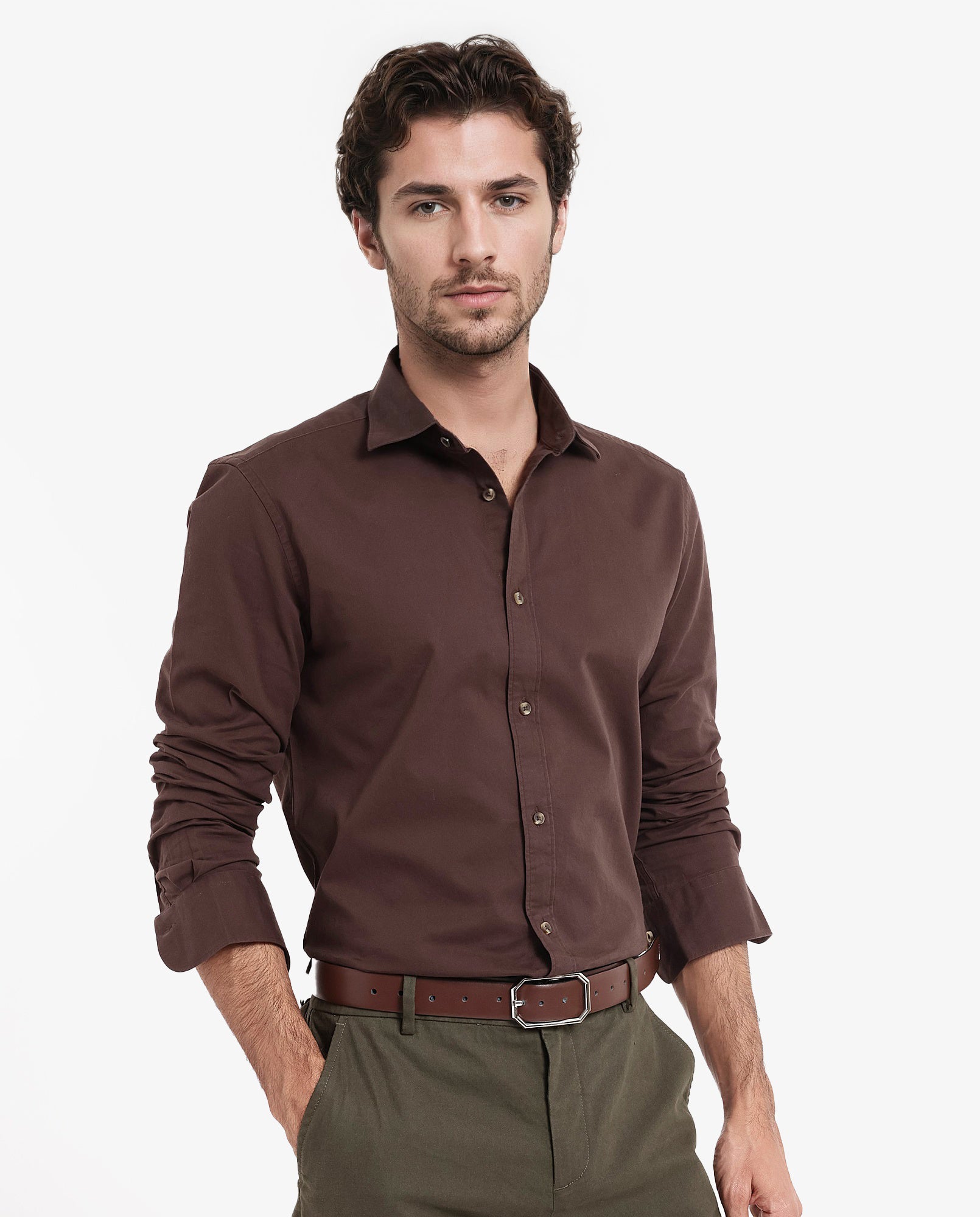 Rare Rabbit Men's Arlet Brown Cotton Fabric Full Sleeve Regular Fit Solid Shirt