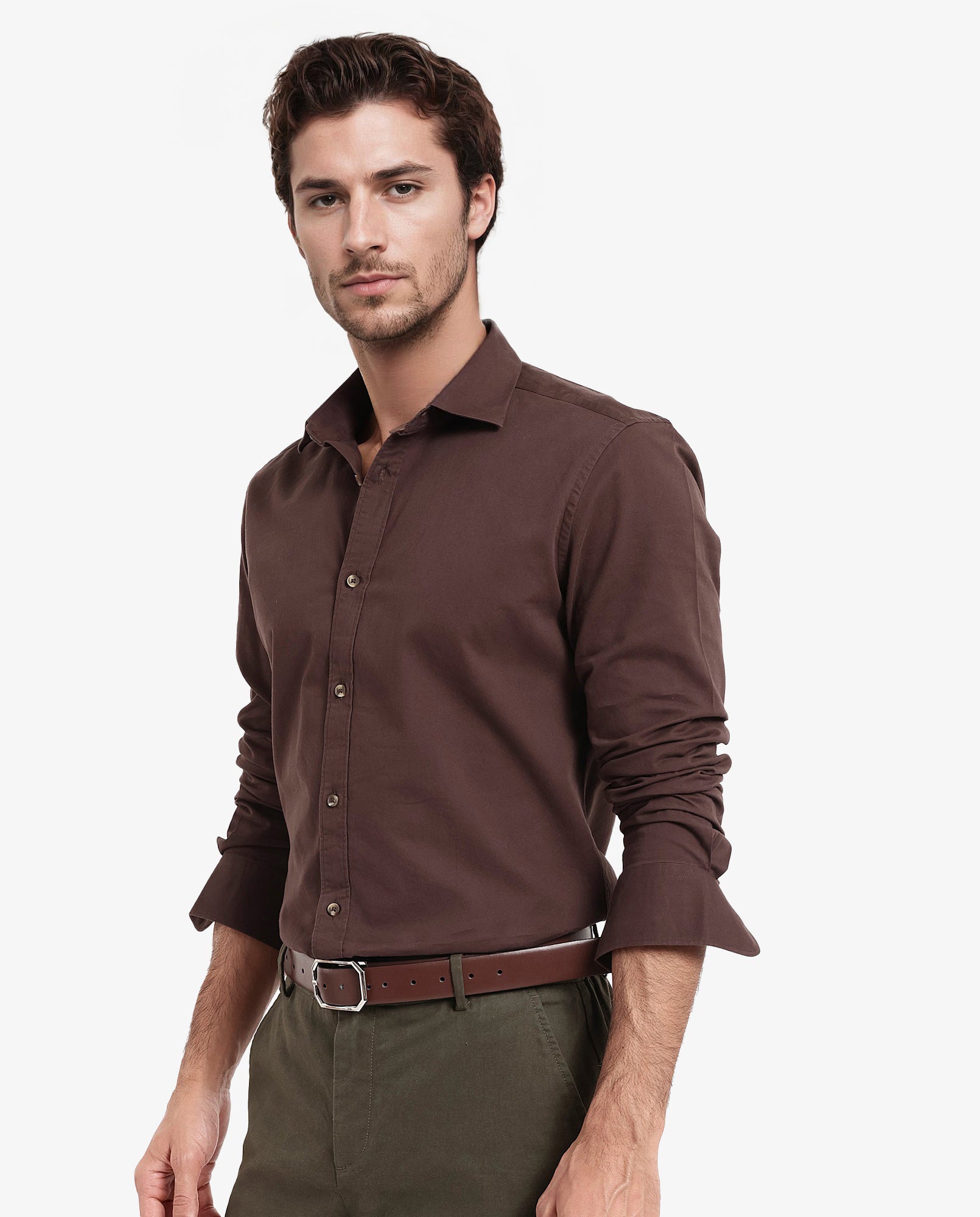 Rare Rabbit Men's Arlet Brown Cotton Fabric Full Sleeve Regular Fit Solid Shirt