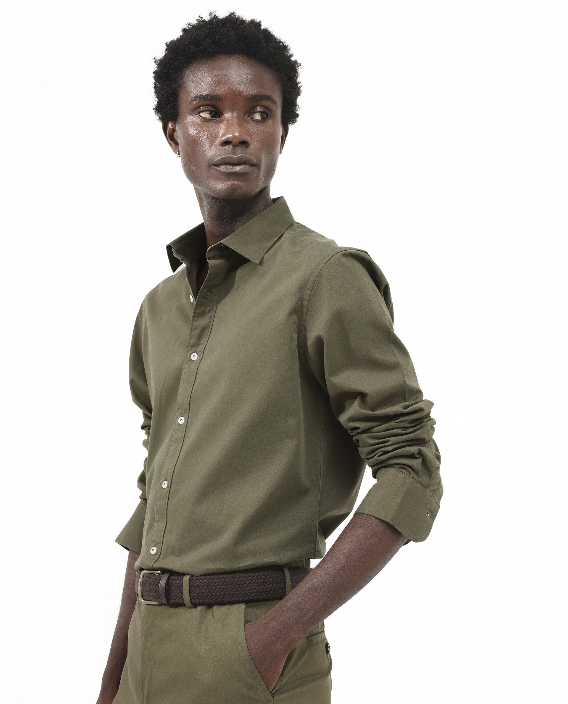Rare Rabbit Men's Arlet Olive Cotton Fabric Full Sleeve Regular Fit Solid Shirt