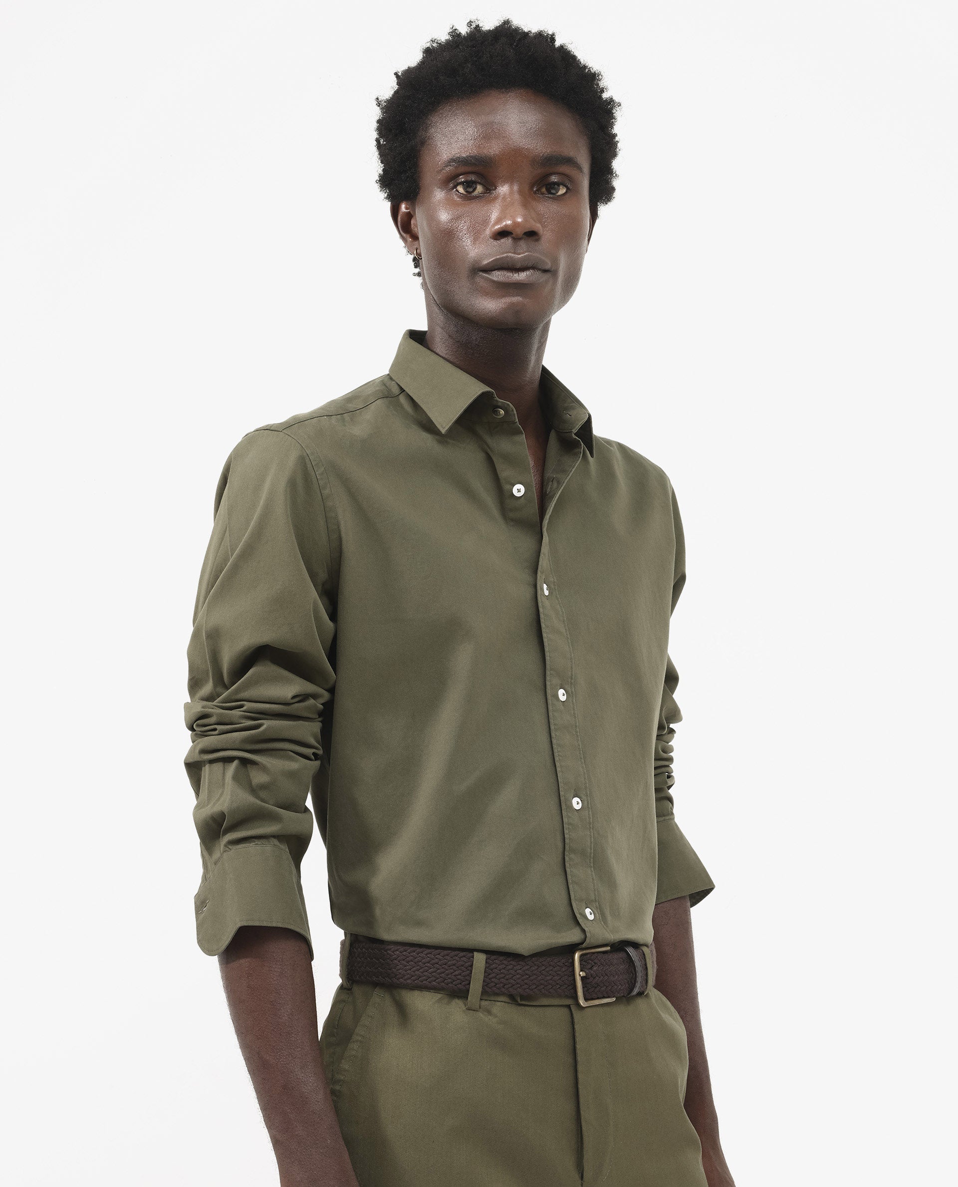 Rare Rabbit Men's Arlet Olive Cotton Fabric Full Sleeve Regular Fit Solid Shirt