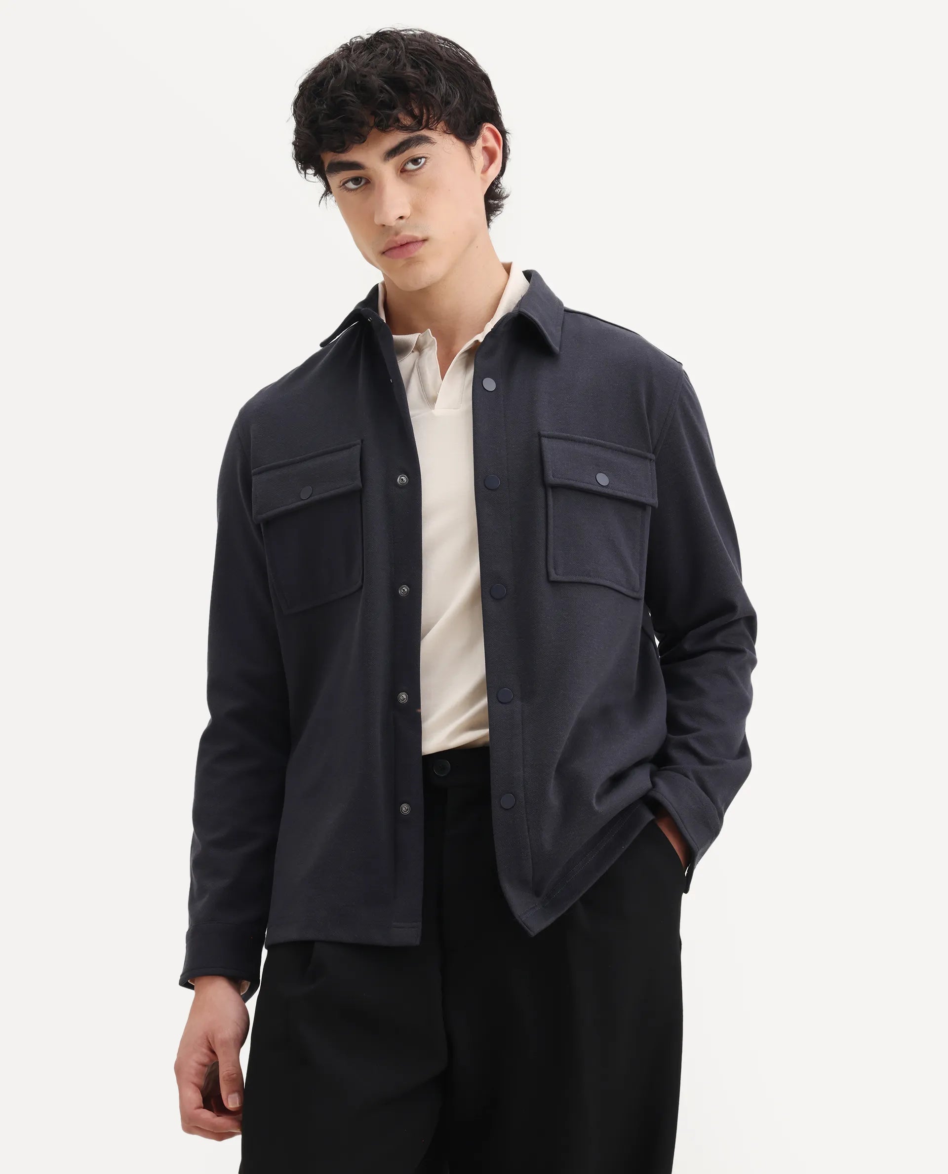 Rare Rabbit Men's Arlington-25 Dark Grey Polyester Blend Fabric Collared Neck Regular Fit Plain Jacket
