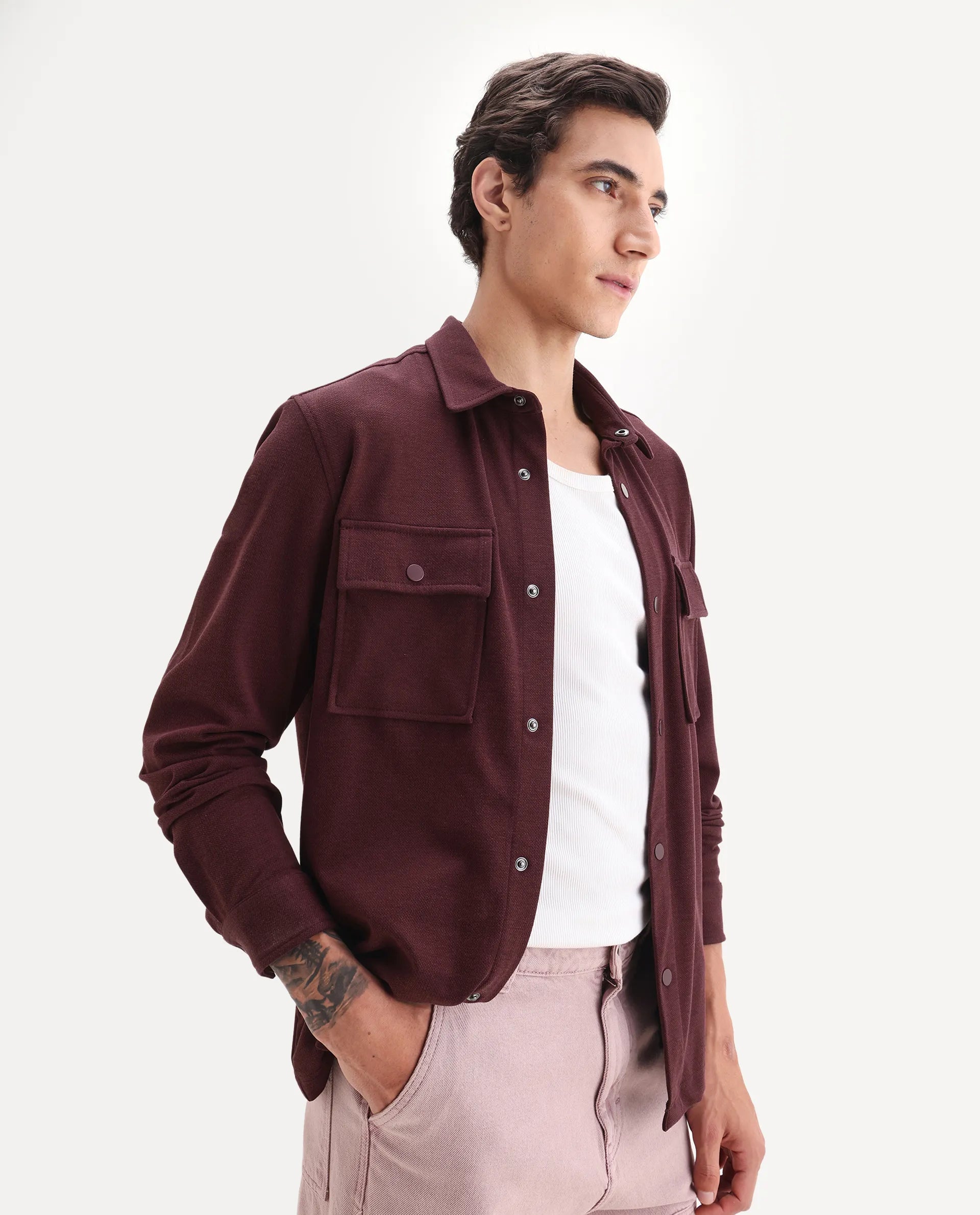 Rare Rabbit Men's Arlington-25 Dark Red Polyester Blend Fabric Collared Neck Regular Fit Plain Jacket