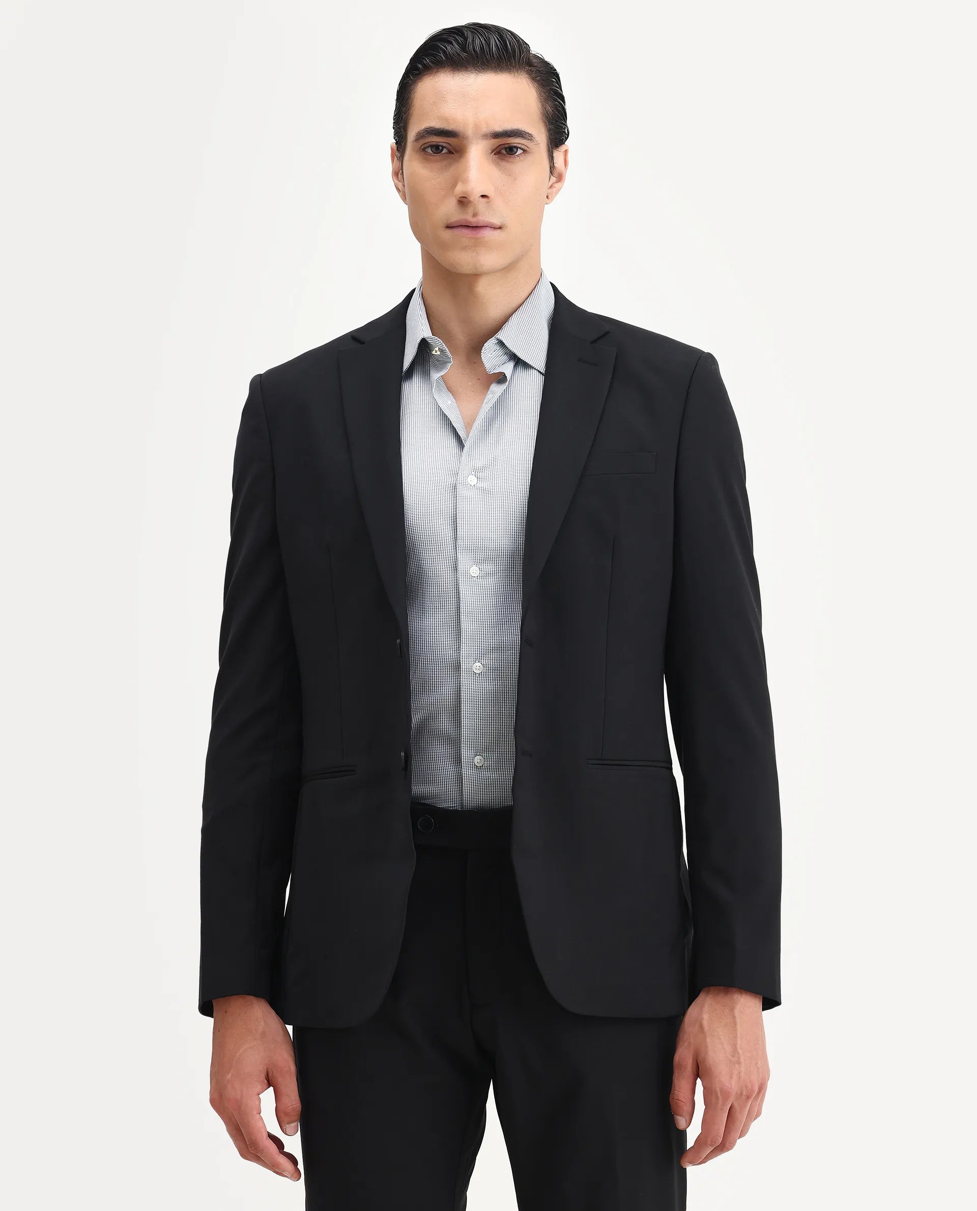 Rare Rabbit Men's Arlo-B Black Polyester Plain Slim Fit Full Sleeve Lapel Neck Suits