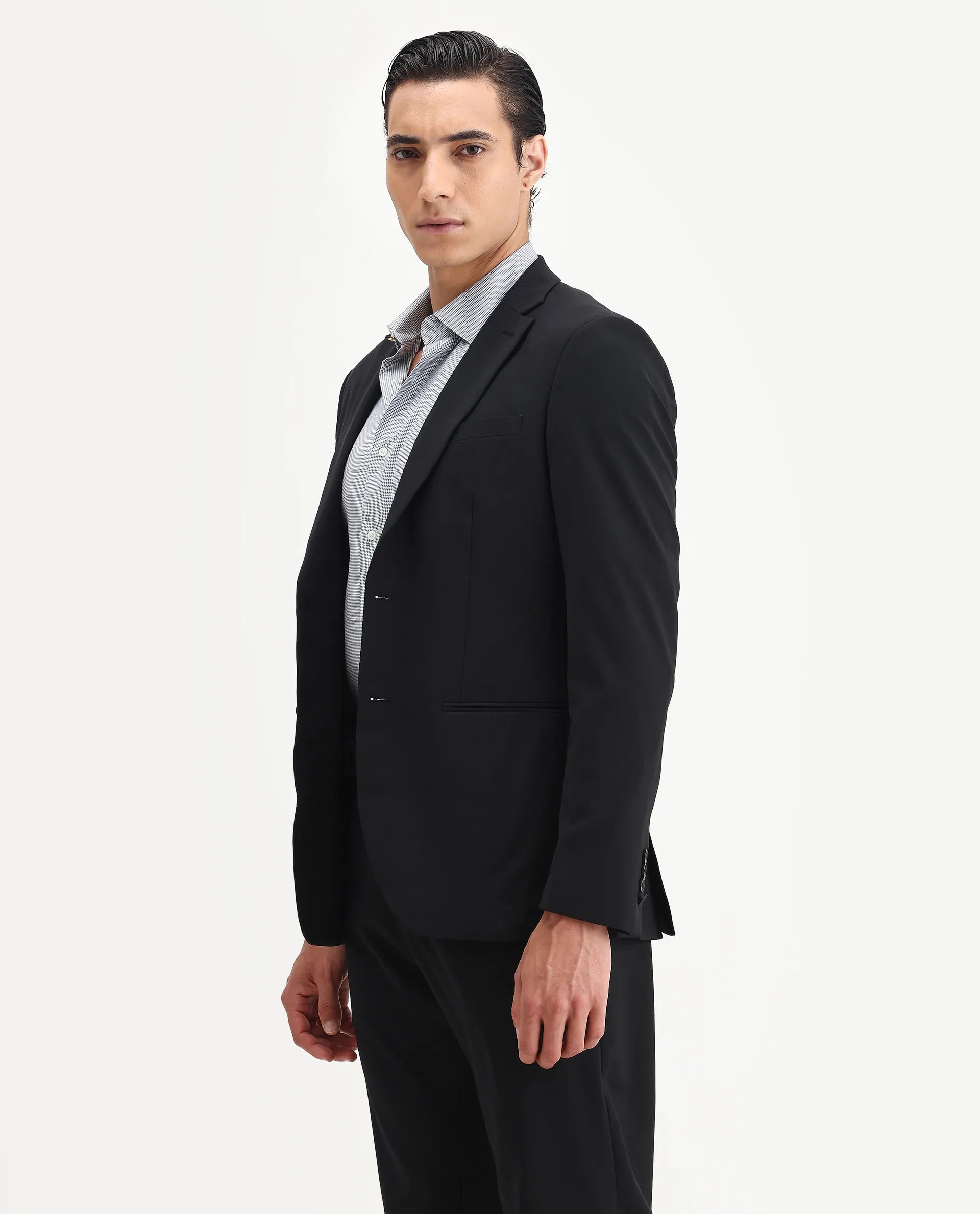 Rare Rabbit Men's Arlo-B Black Polyester Plain Slim Fit Full Sleeve Lapel Neck Suits