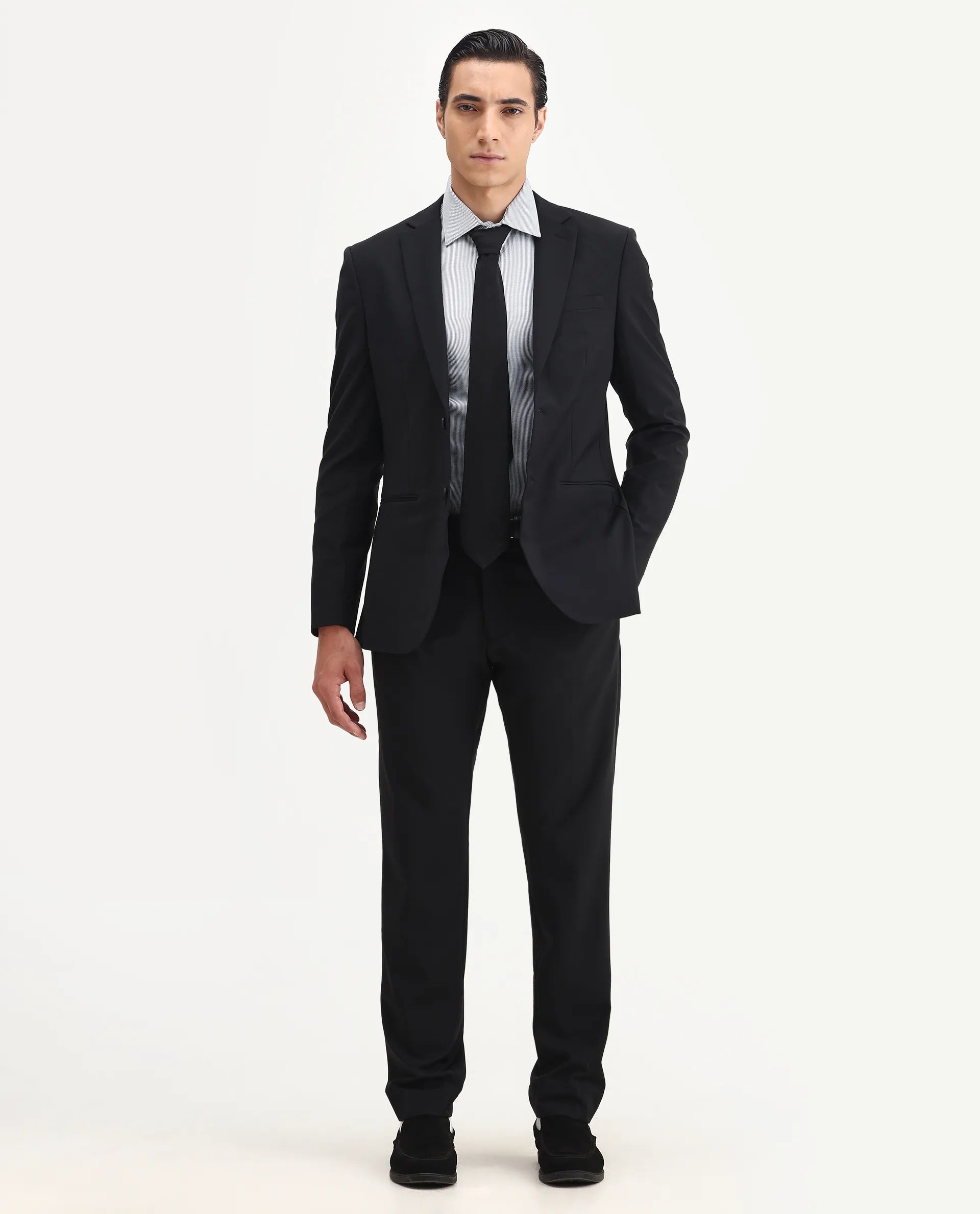 Rare Rabbit Men's Arlo-B Black Polyester Plain Slim Fit Full Sleeve Lapel Neck Suits