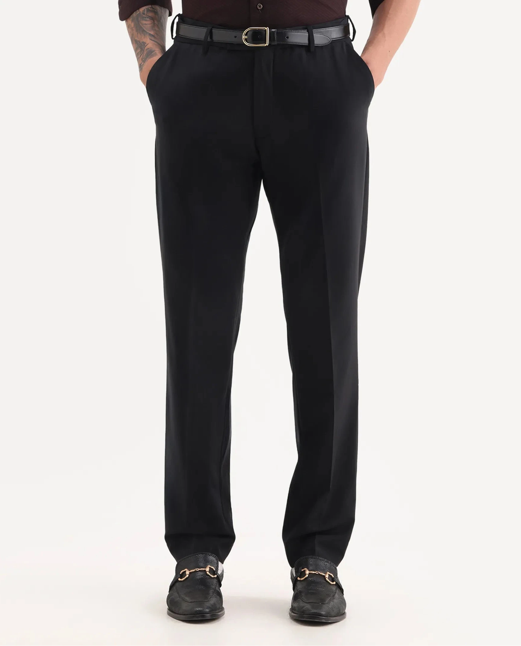 Rare Rabbit Men's Arlo Black Cotton Plain Regular Fit Trouser