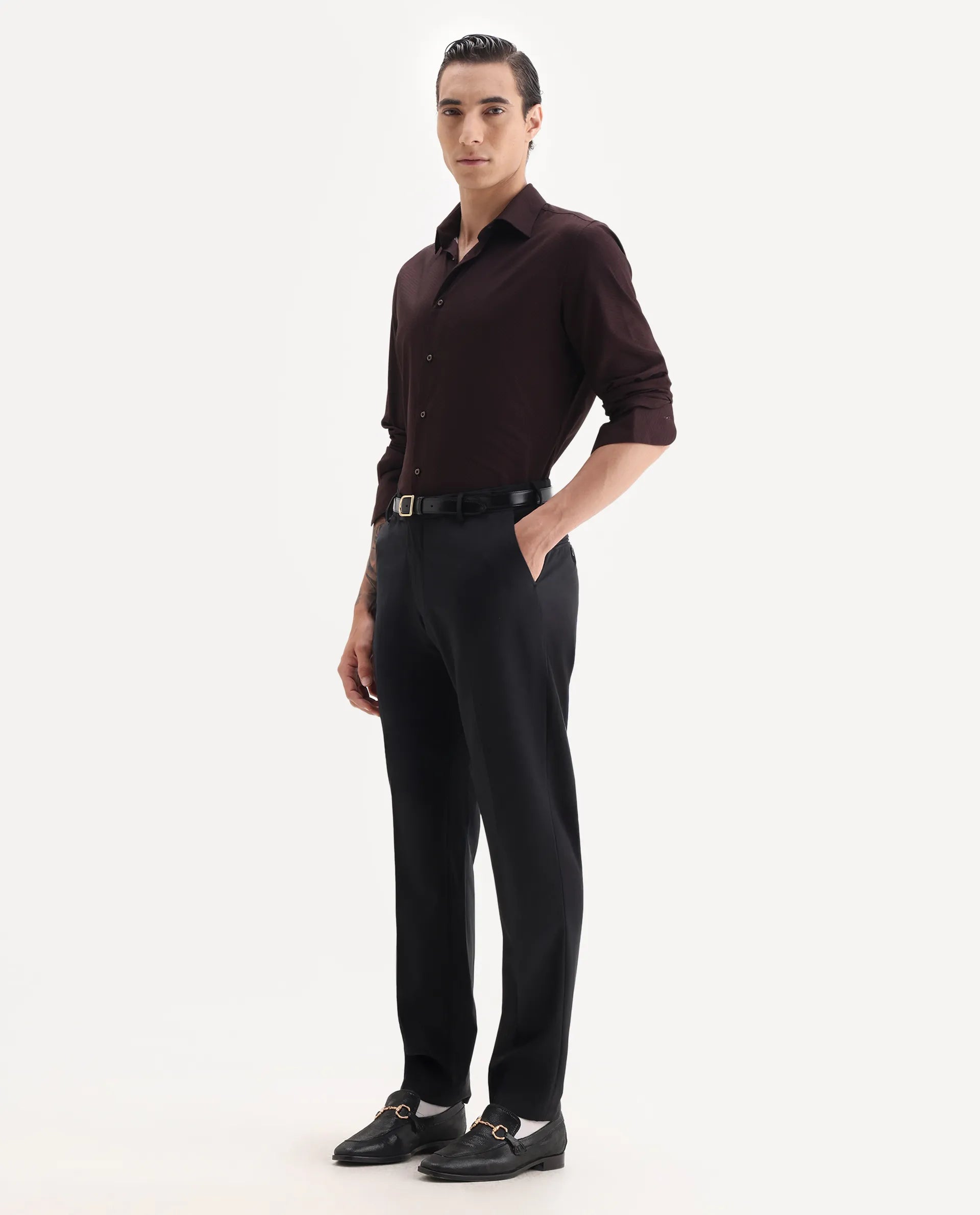 Rare Rabbit Men's Arlo Black Wool Plain Regular Fit Trouser