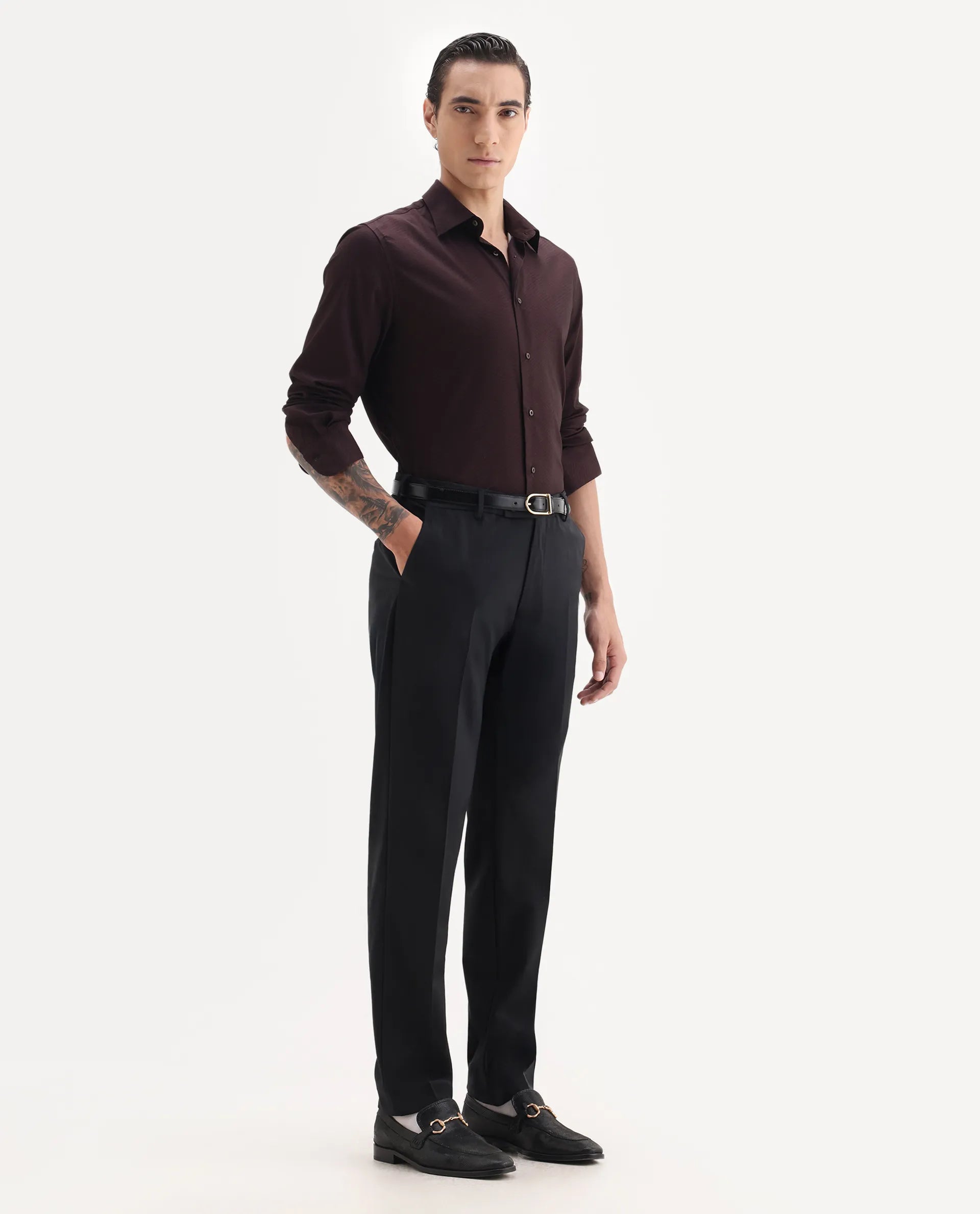 Rare Rabbit Men's Arlo Black Wool Plain Regular Fit Trouser