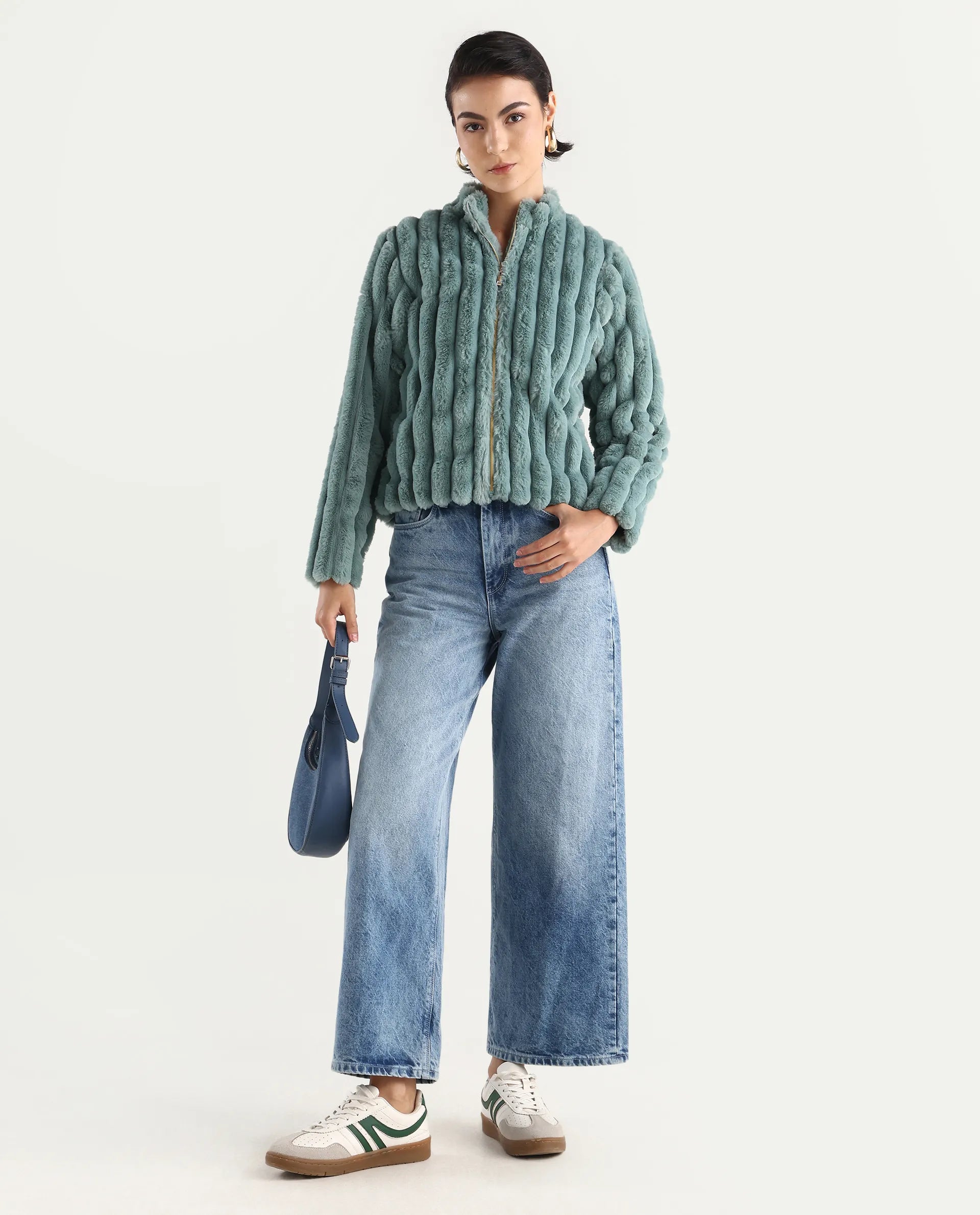 Rareism Women's Armidale Turq Cotton Blend Mandarin Collar Plain Regular Fit Jacket