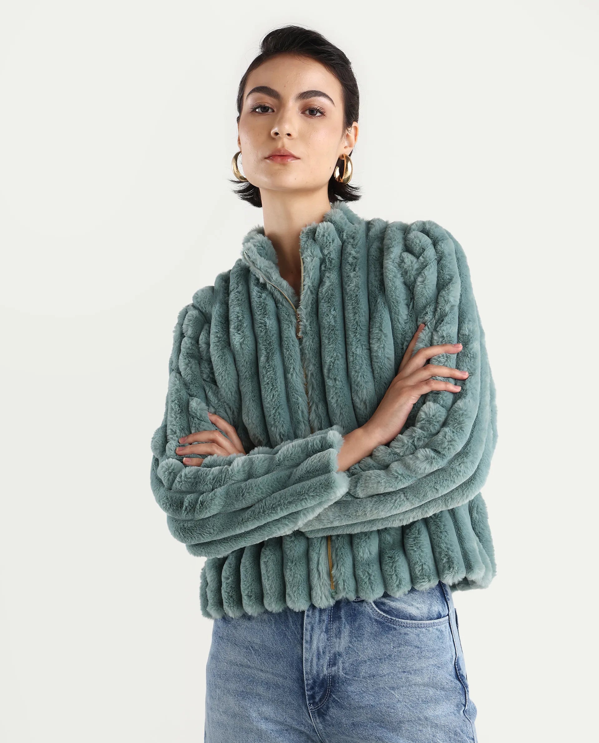 Rareism Women's Armidale Turq Cotton Blend Mandarin Collar Plain Regular Fit Jacket