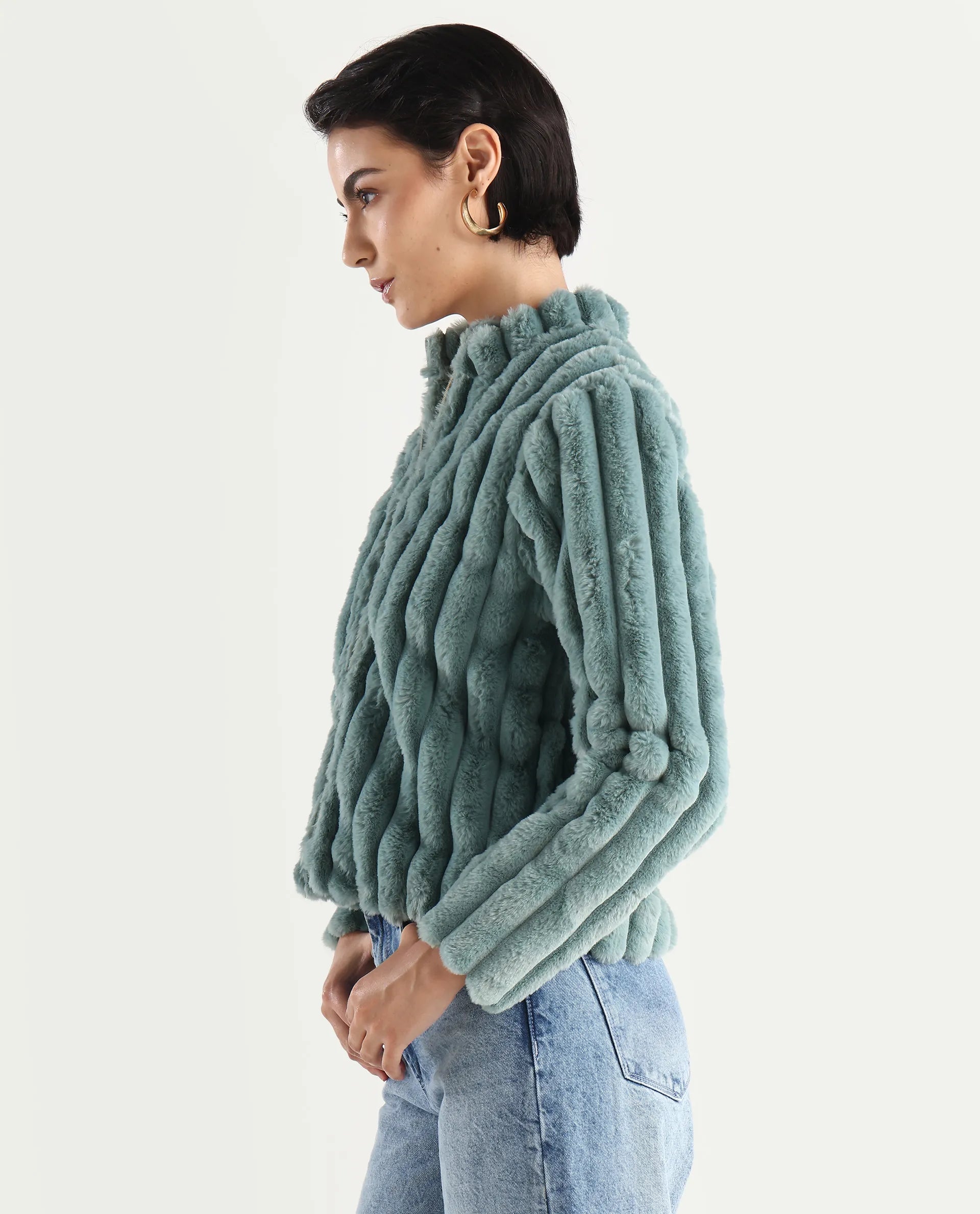 Rareism Women's Armidale Turq Cotton Blend Mandarin Collar Plain Regular Fit Jacket