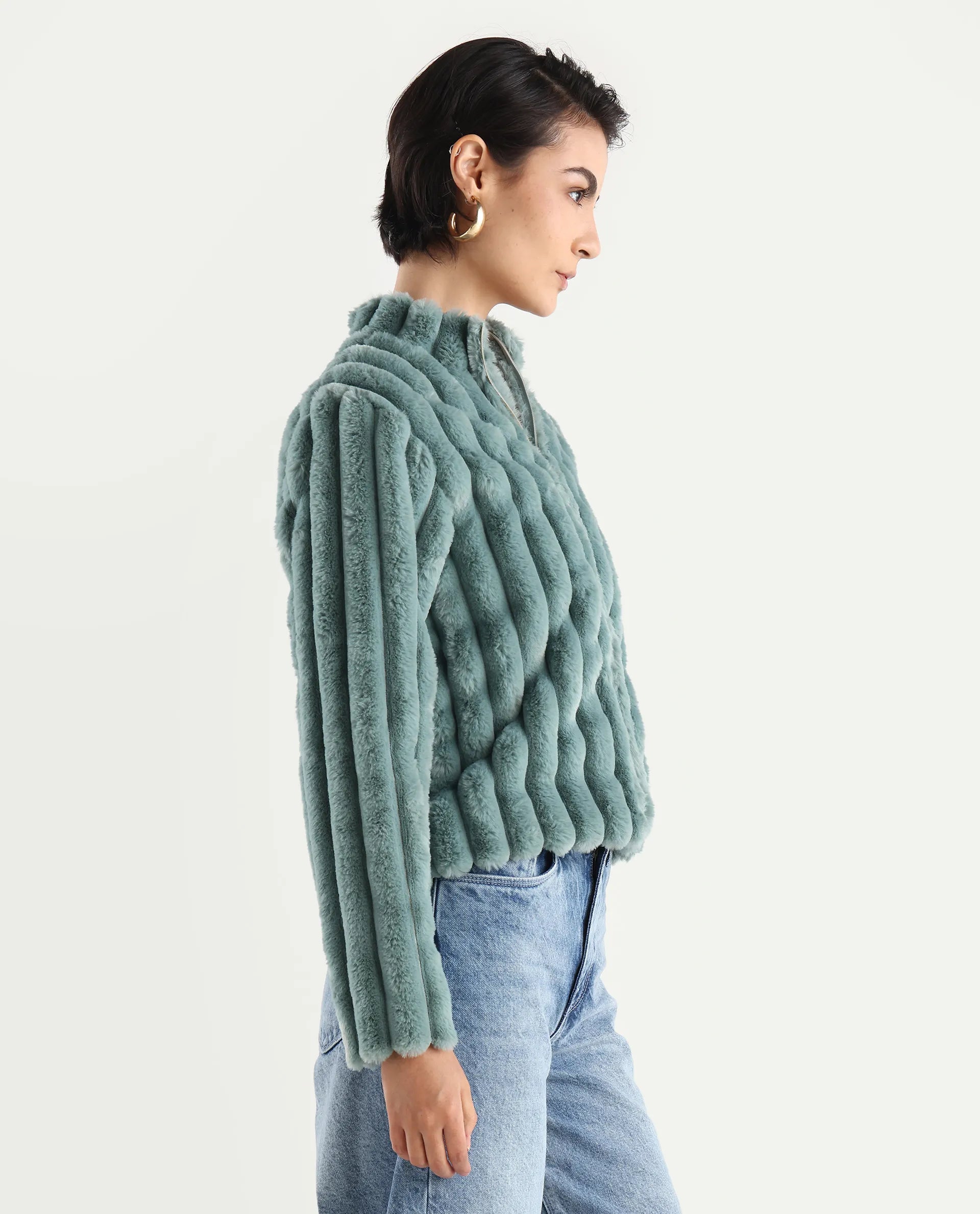 Rareism Women's Armidale Turq Cotton Blend Mandarin Collar Plain Regular Fit Jacket