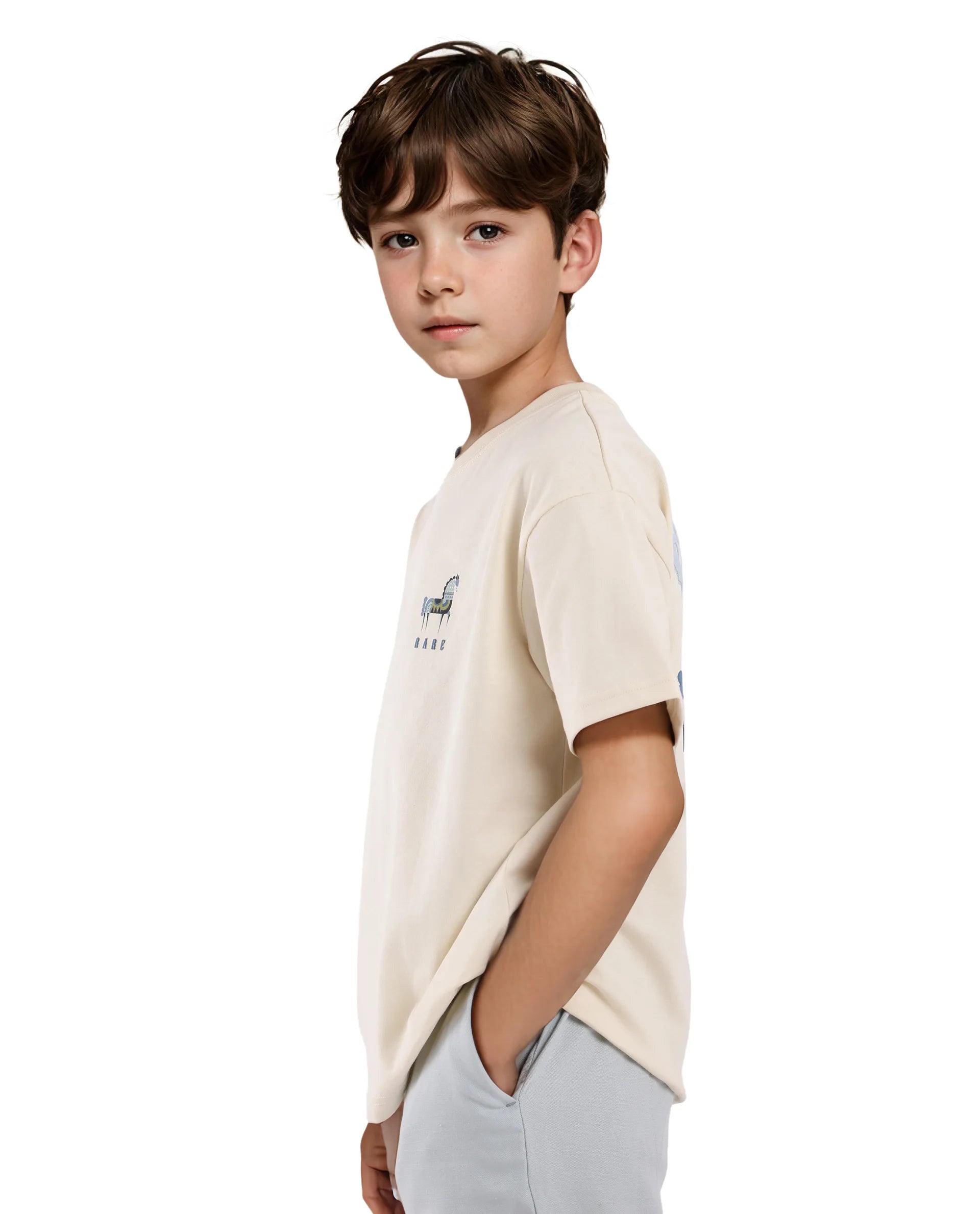 Rare Ones Kids Armi Off White Cotton Fabric Half Sleeves Boxy Fit Crew Neck Graphic Print T-Shirt