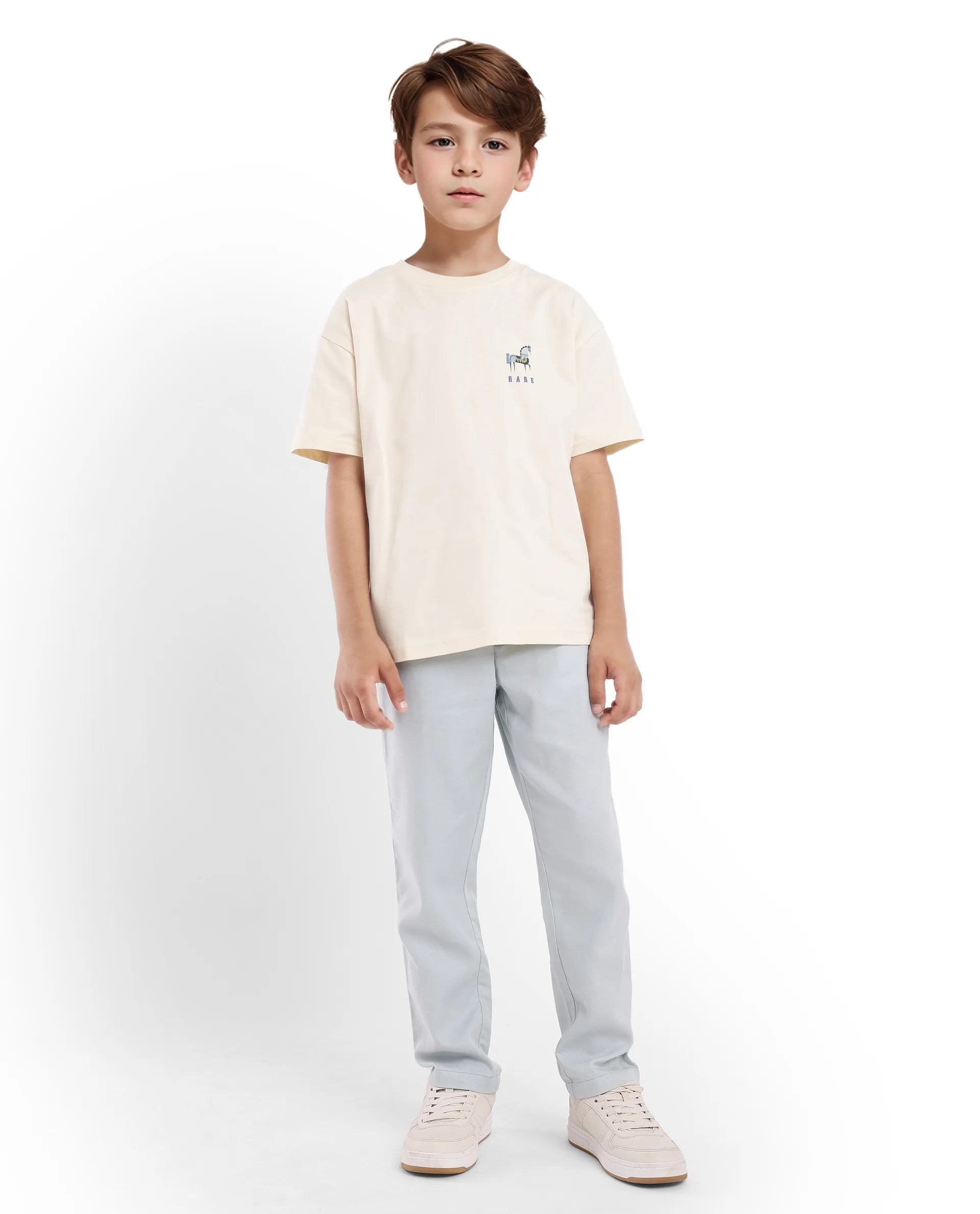 Rare Ones Kids Armi Off White Cotton Fabric Half Sleeves Boxy Fit Crew Neck Graphic Print T-Shirt