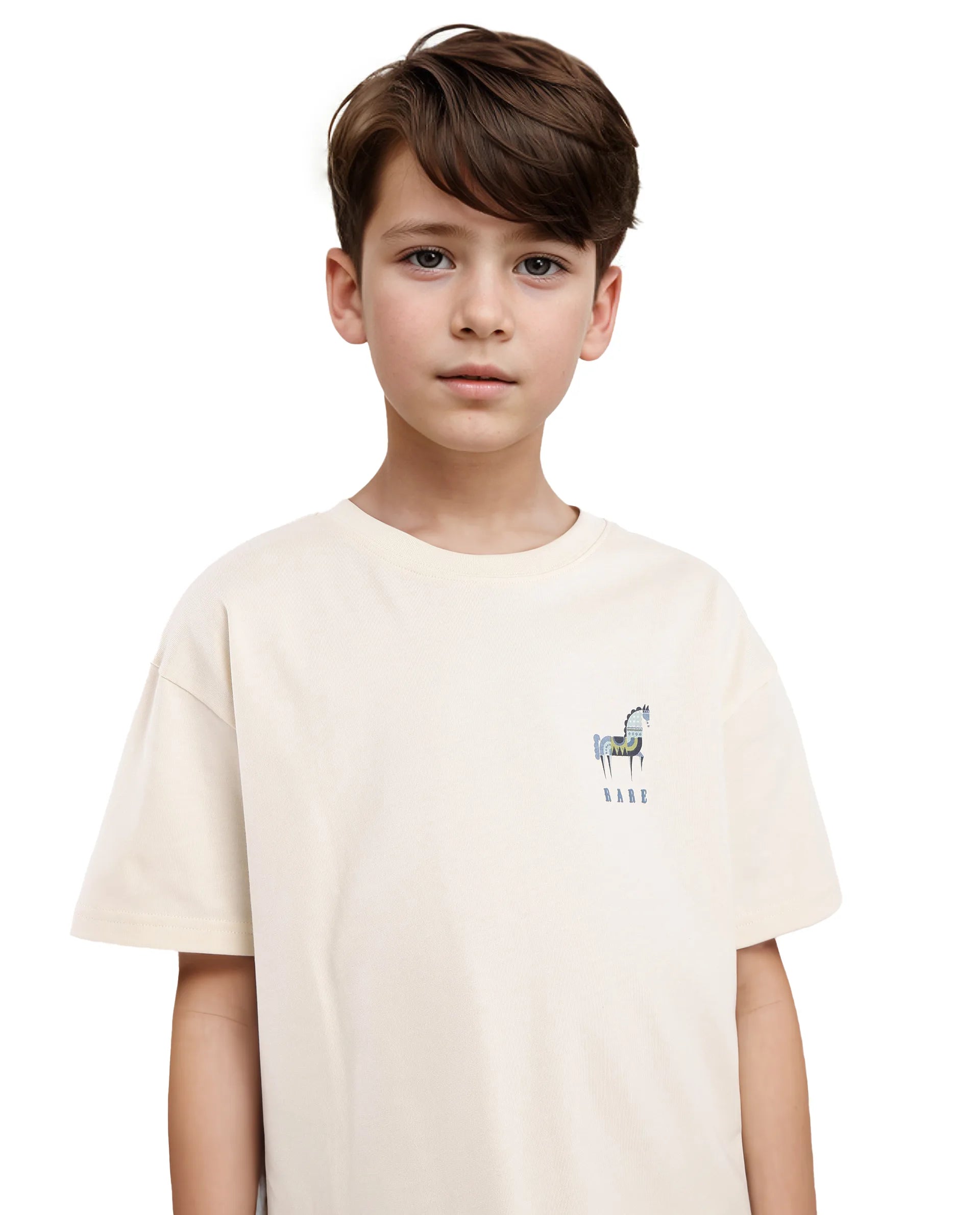 Rare Ones Kids Armi Off White Cotton Fabric Half Sleeves Boxy Fit Crew Neck Graphic Print T-Shirt