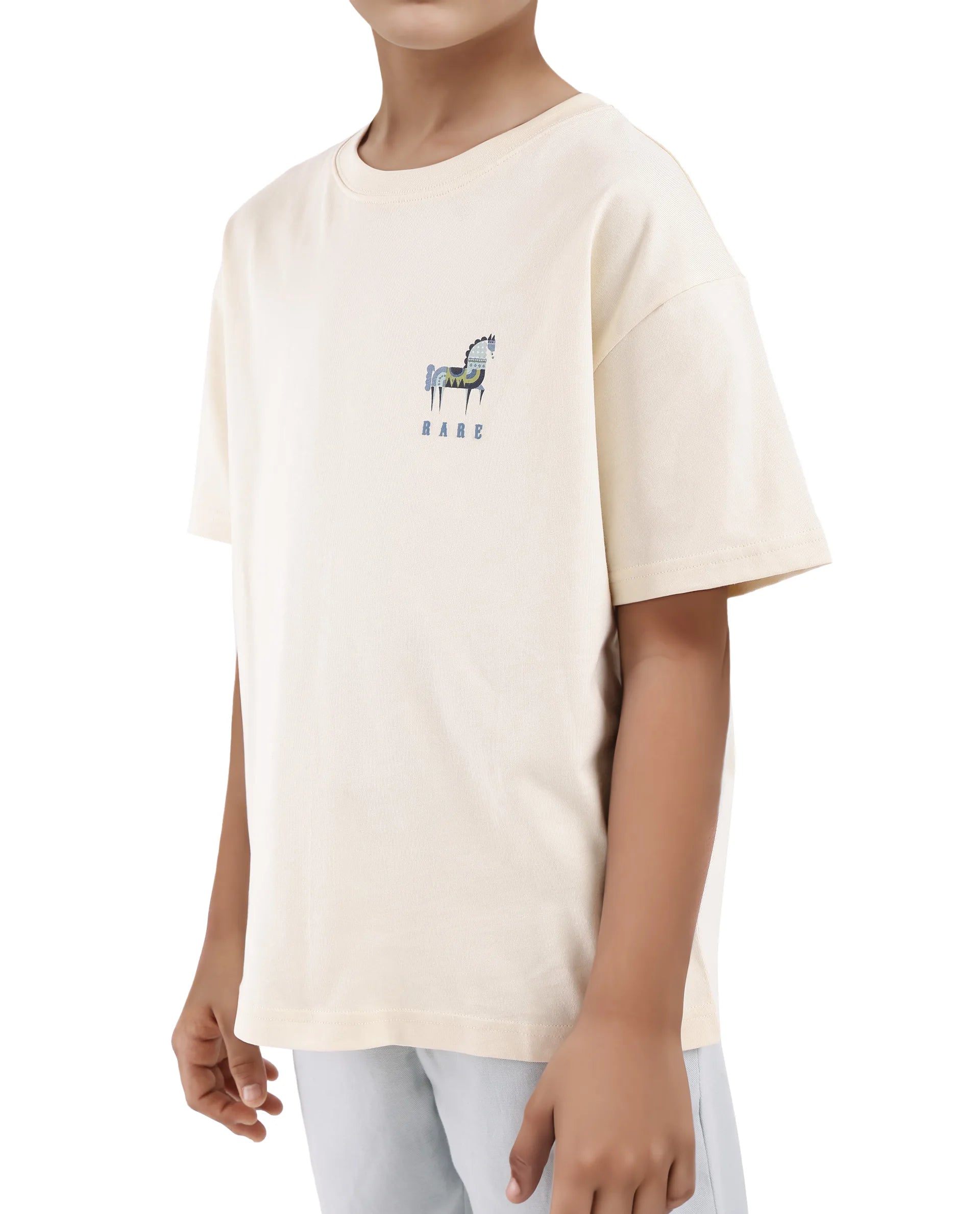 Rare Ones Kids Armi Off White Cotton Fabric Half Sleeves Boxy Fit Crew Neck Graphic Print T-Shirt