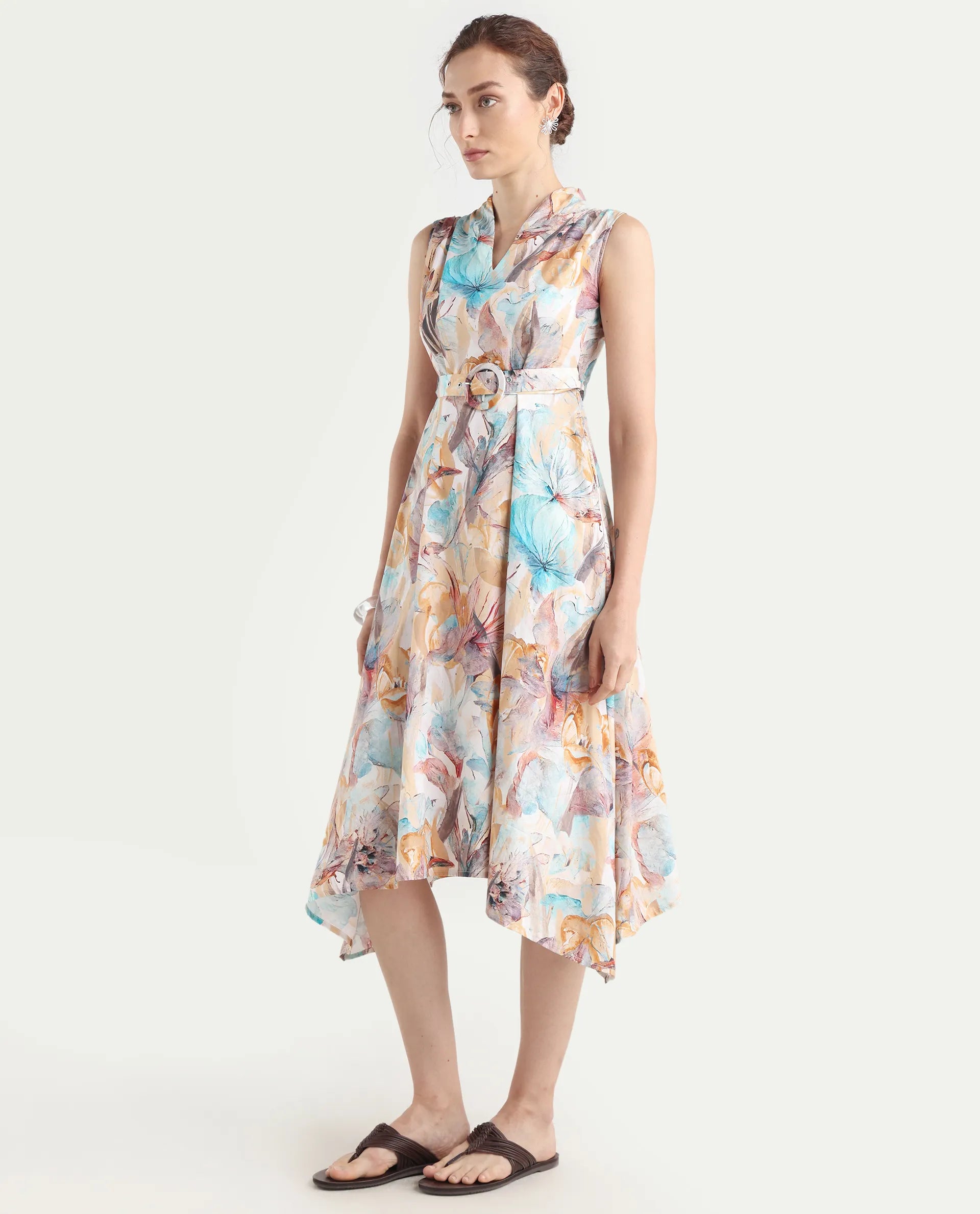 Rareism Women's Armon Light Multi Cotton Blend V-Neck Floral Print Sleeveless Midi Flared Dress