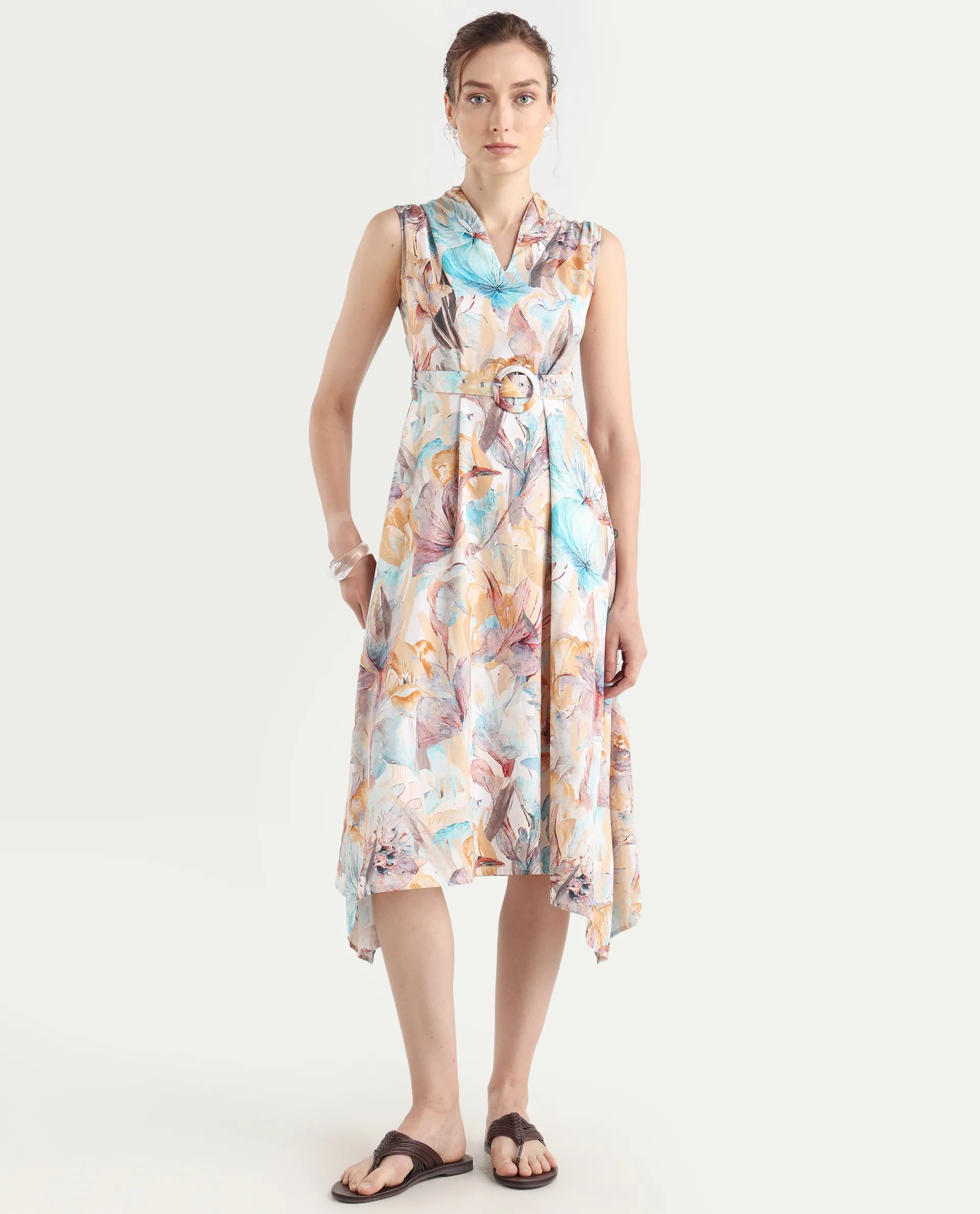 Rareism Women's Armon Light Multi Cotton Blend V-Neck Floral Print Sleeveless Midi Flared Dress