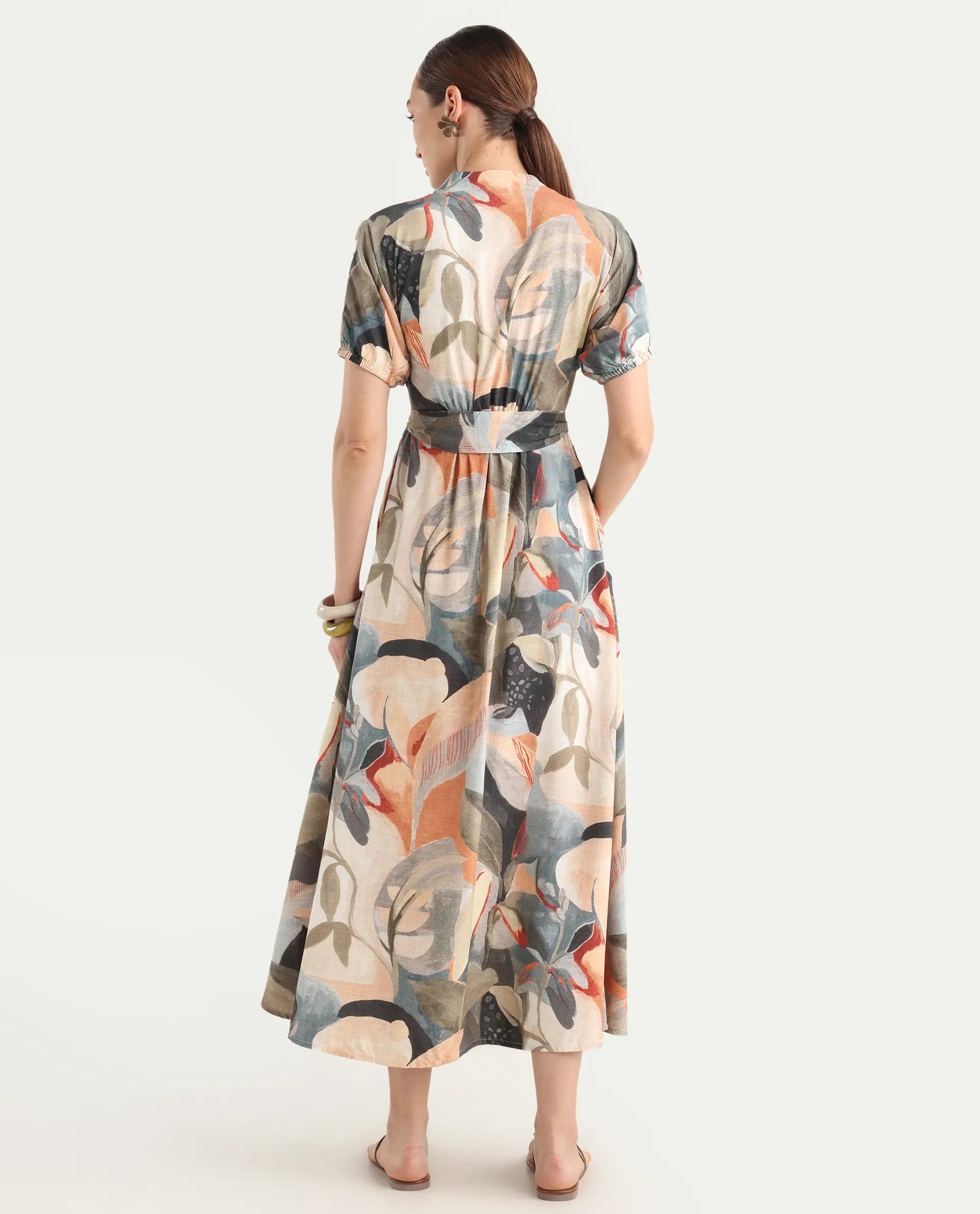 Rareism Women's Arnai Multi Viscose V-Neck A-Line Abstract Print Dress